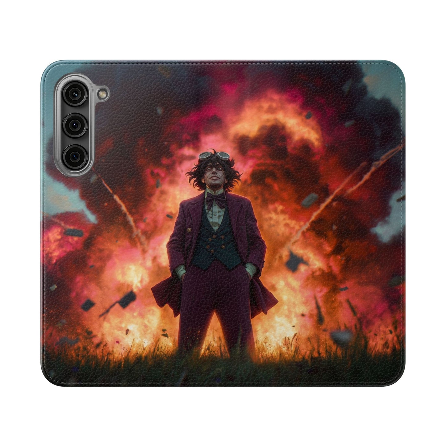 Goggles & Chaos Flip Cases – Purple Suit Amidst Fiery Explosion