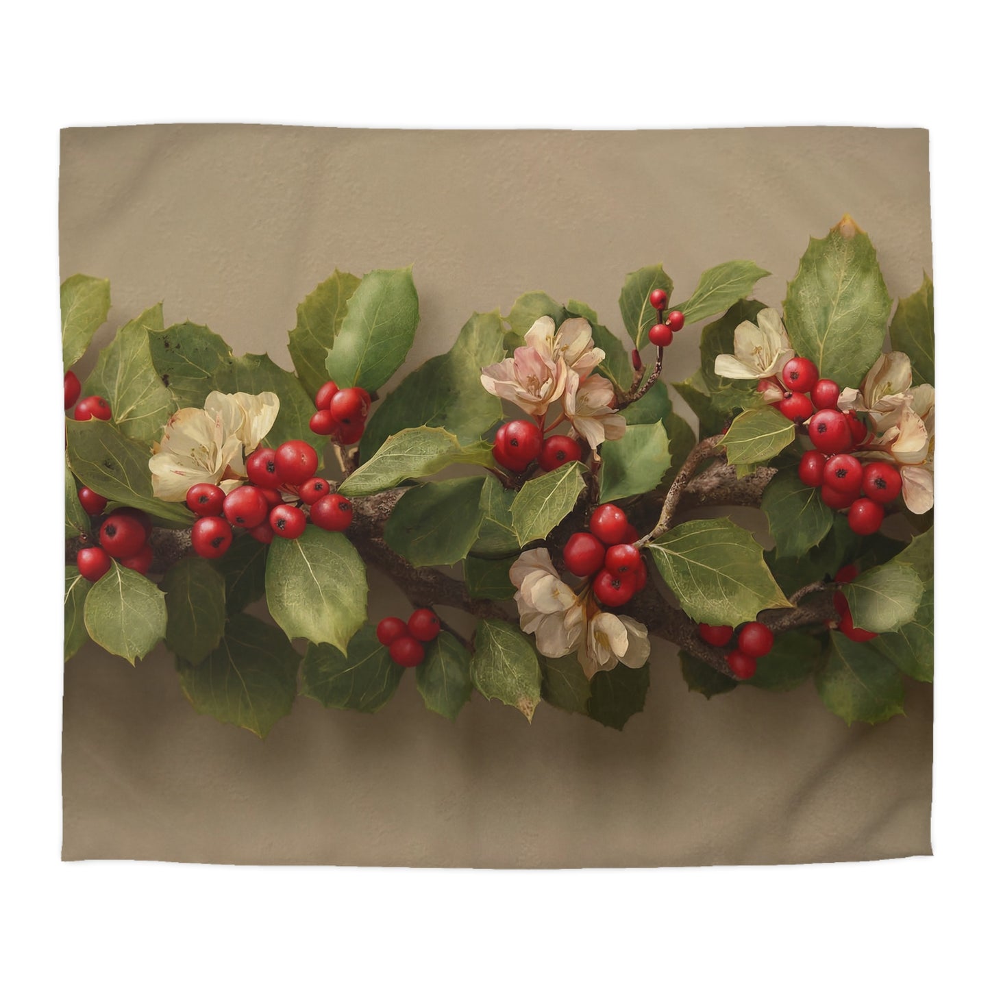 Winter Berry Garland Microfiber Duvet Cover – Velvet Green and Crimson Blooms