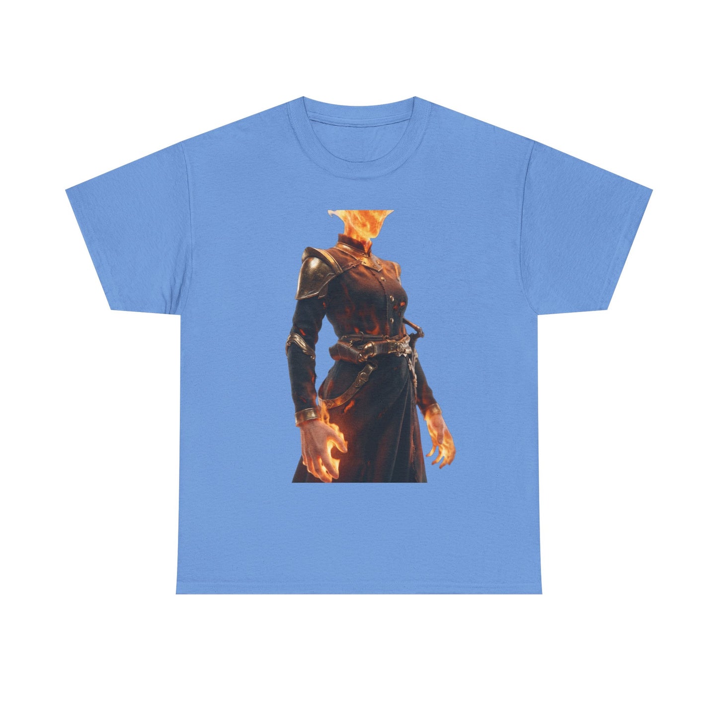 Flame-Headed Sentinel Unisex Heavy Cotton Tee – Gilded Armor & Burning Embers