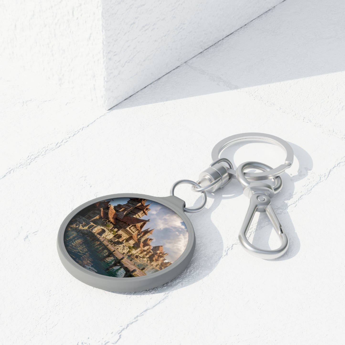 Coastal Viking Village Keyring Tag – Sunlit Stone & Timber Haven