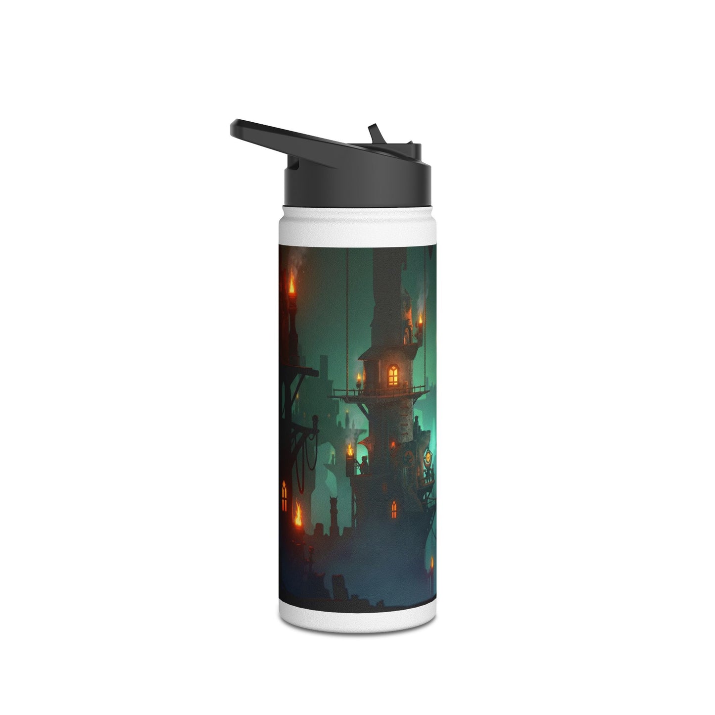 Floating City of Gilded Sparks Stainless Steel Water Bottle, Standard Lid – Neon Fog & Ember-Lit Towers