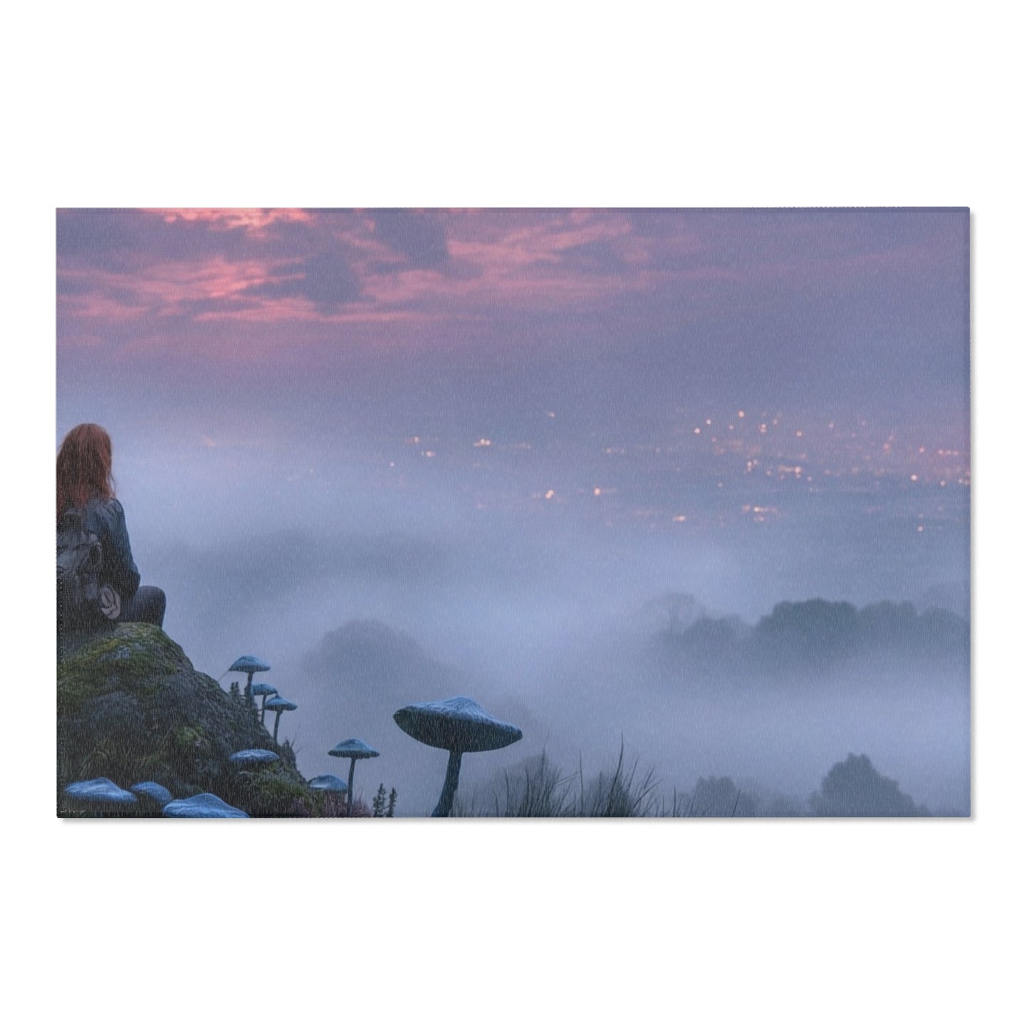 Moonlit Sentinel Area Rugs – Crimson Sky Over Misty Peaks