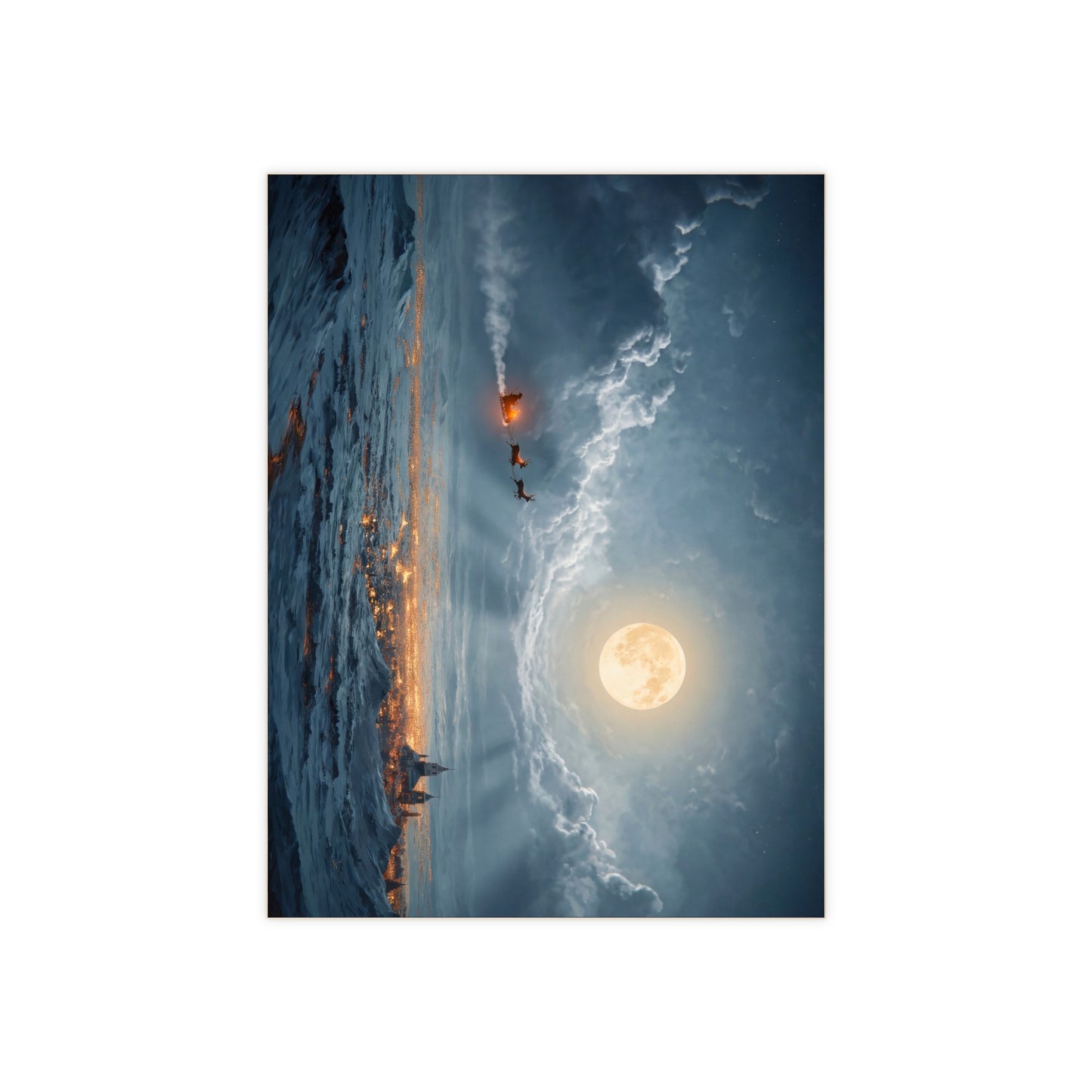 Midnight Santa Flight Ceramic Photo Tile – Glowing Moon Over Winter Town