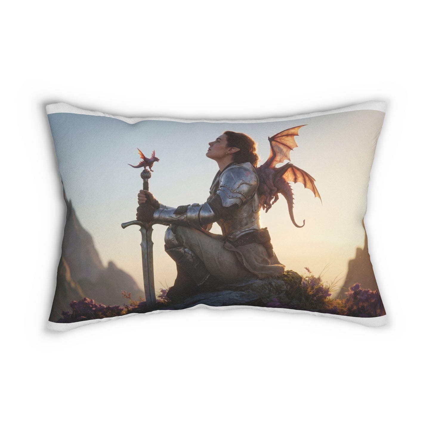 Dragon-Scaled Sentinel Spun Polyester Lumbar Pillow – Sunset Peak Vigilance