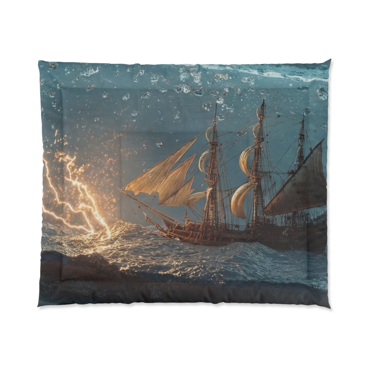 Storm-Sailed Ship in Bottle Comforter – Pocketed Seascape Sanctuary