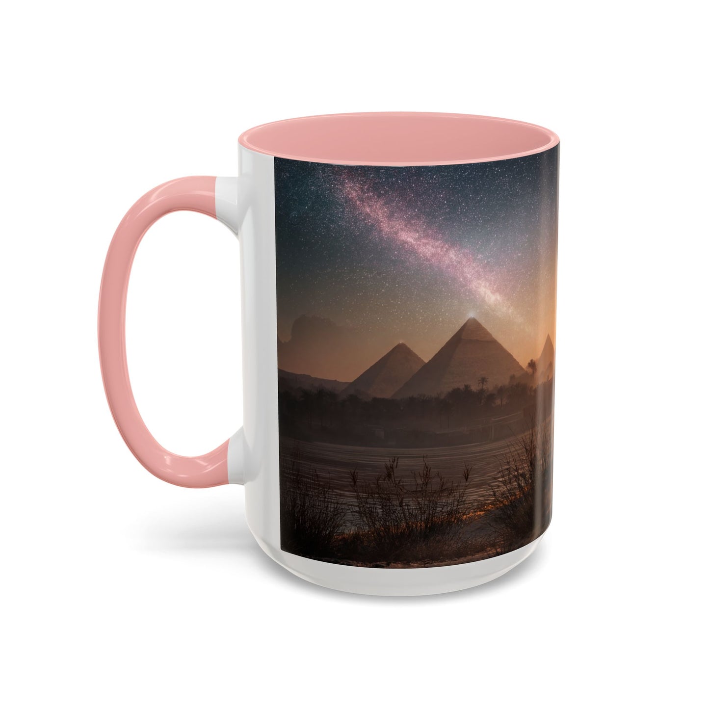 Starry Nile Guardian Cats Accent Coffee Mug (11, 15oz) – Ancient Pyramids Milky Way