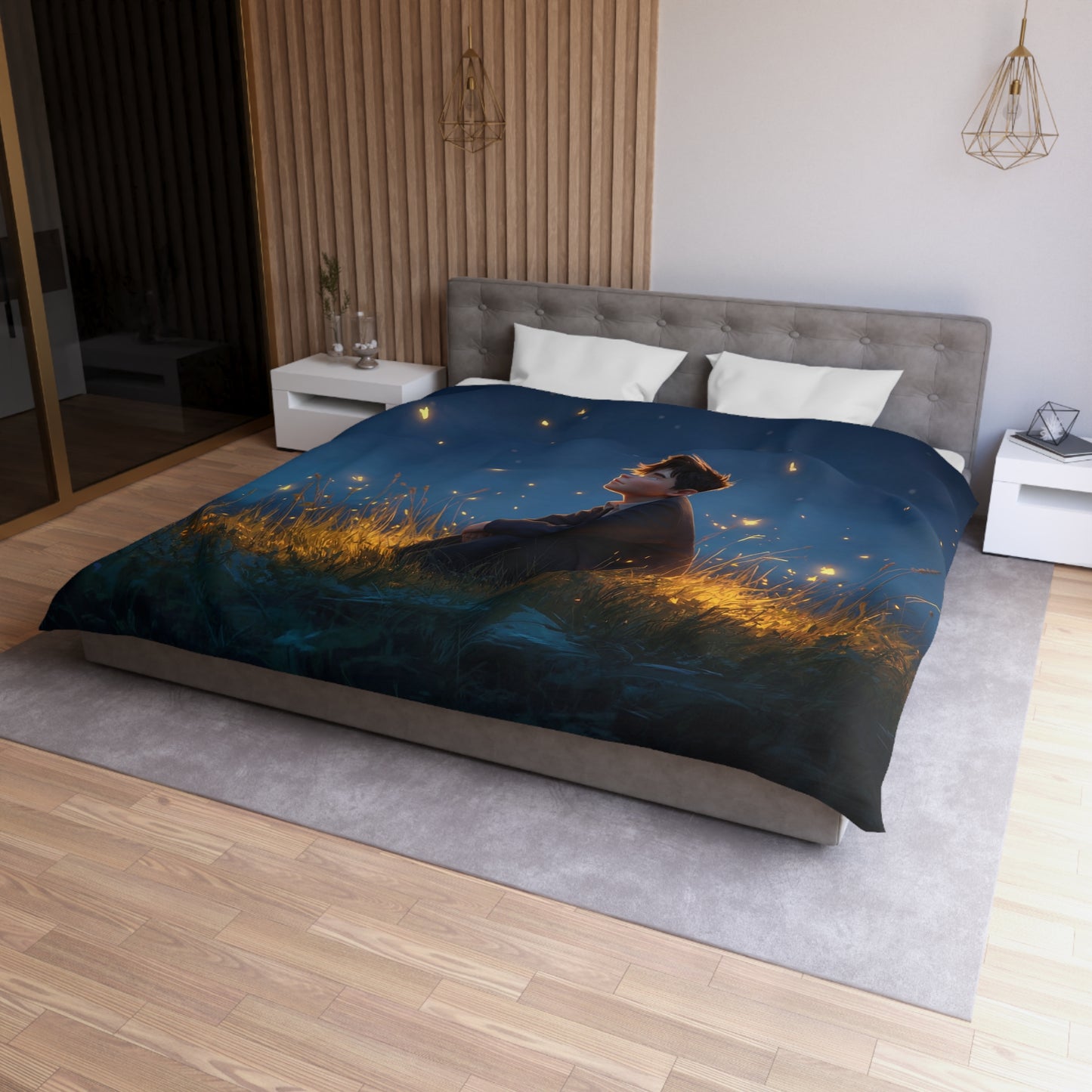 Boy Among Fireflies Microfiber Duvet Cover – Twilight Whispers and Gentle Glow