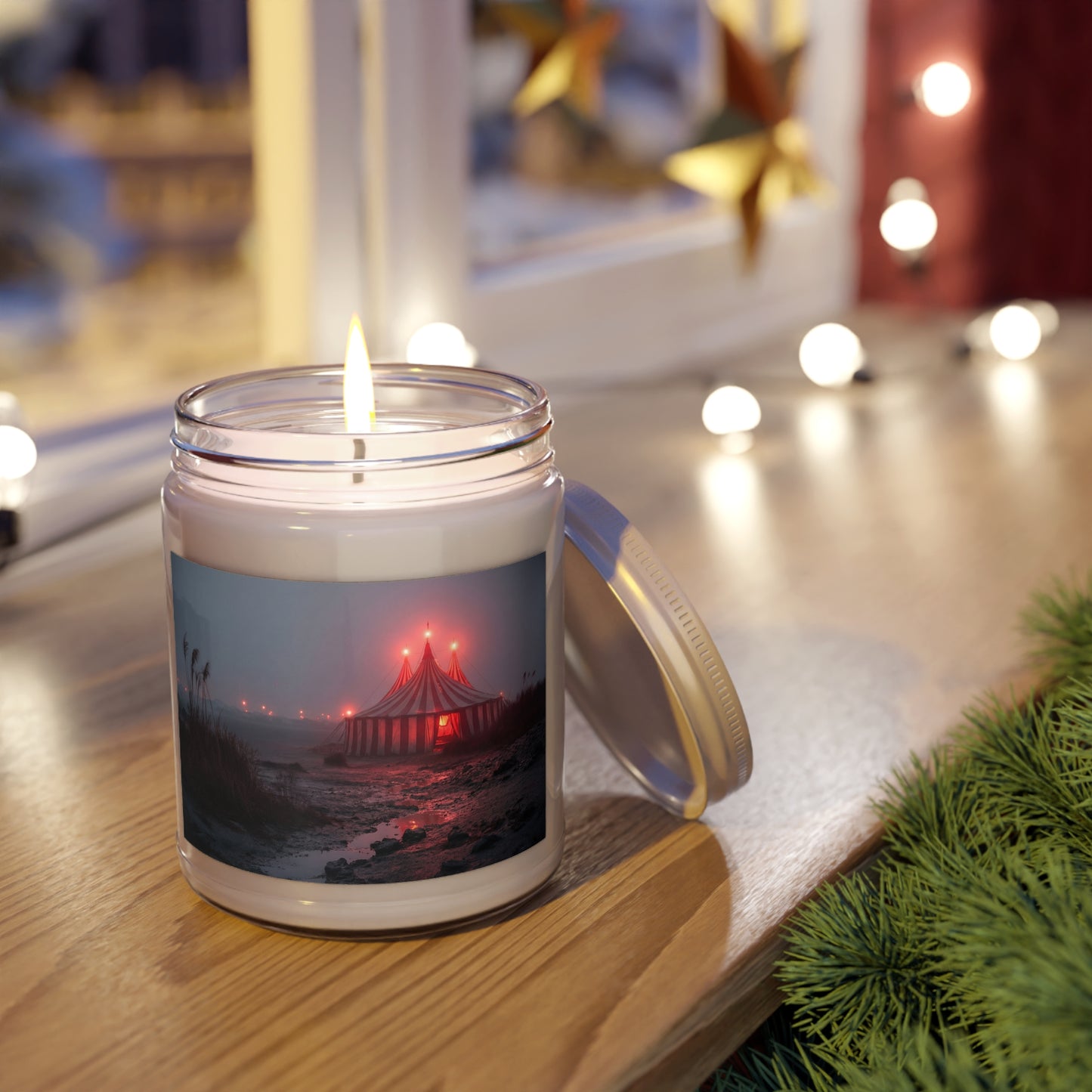 Midnight Circus Tent Scented Soy Candles with White Lid, 9oz – Crimson Glow on the Foggy Shore