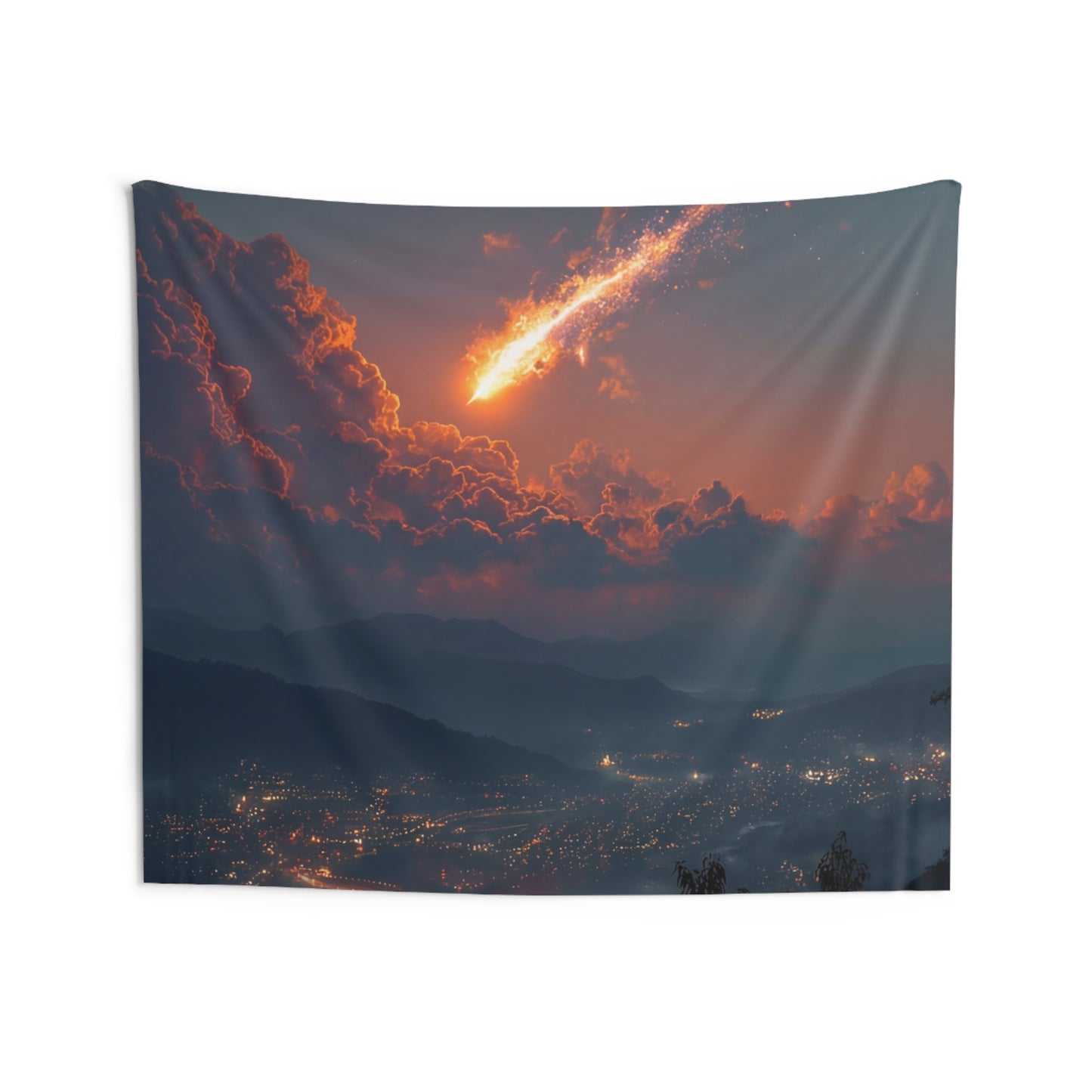 Celestial Fireball Indoor Wall Tapestries – Skyfall Over Mountain Vale
