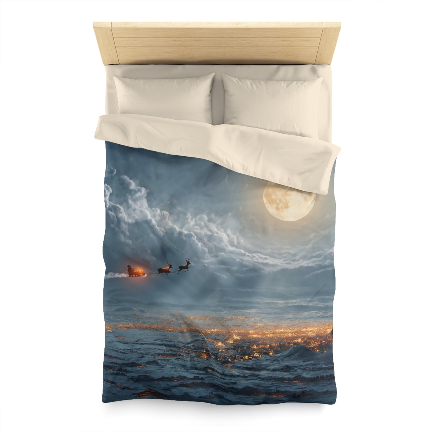 Lunar Sleigh Ride Microfiber Duvet Cover – Midnight Deliveries Over Frost-Covered Towns