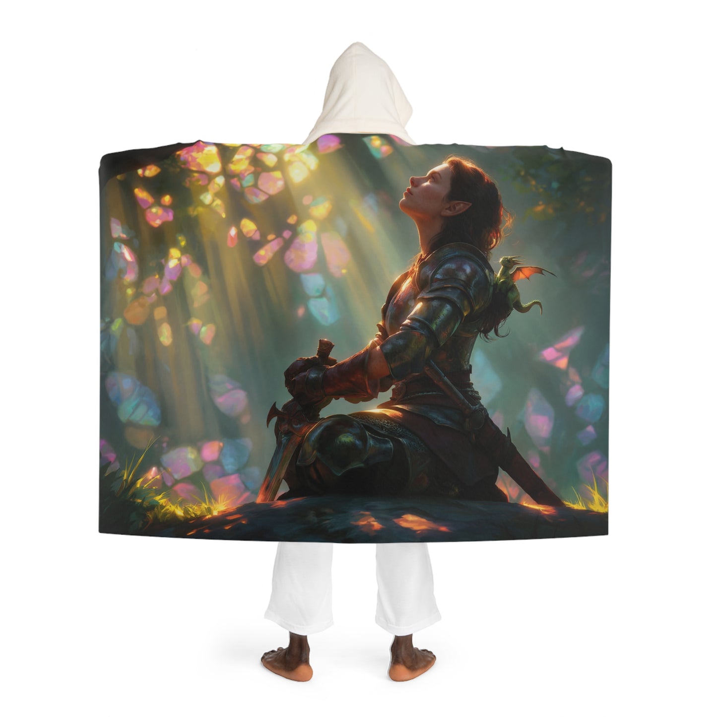 Crystal Canopy Sentinel – Hooded Sherpa Fleece Blanket – Dragon Companion Resting in Sunlight