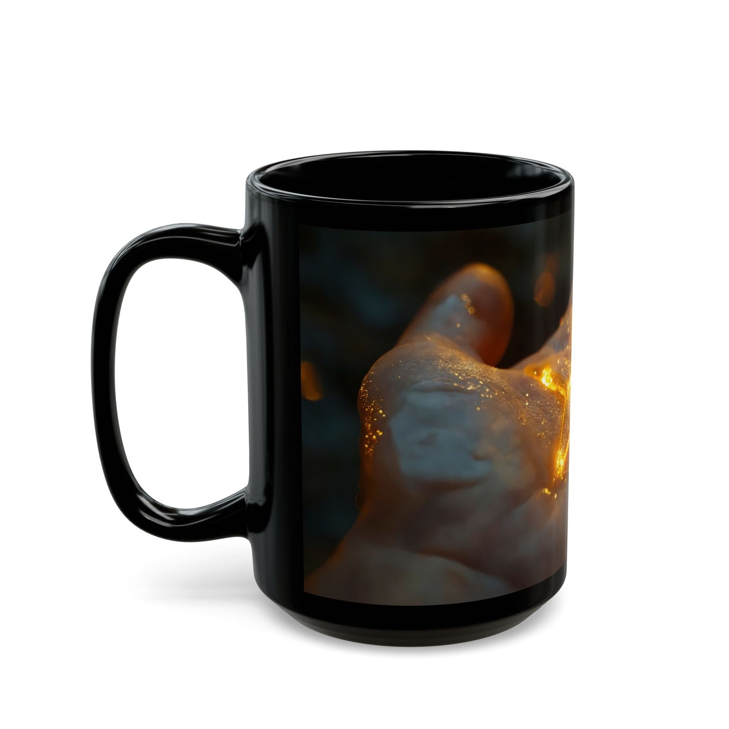 Glowing Star in Hand Black Mug – Warmth of a Held Wish
