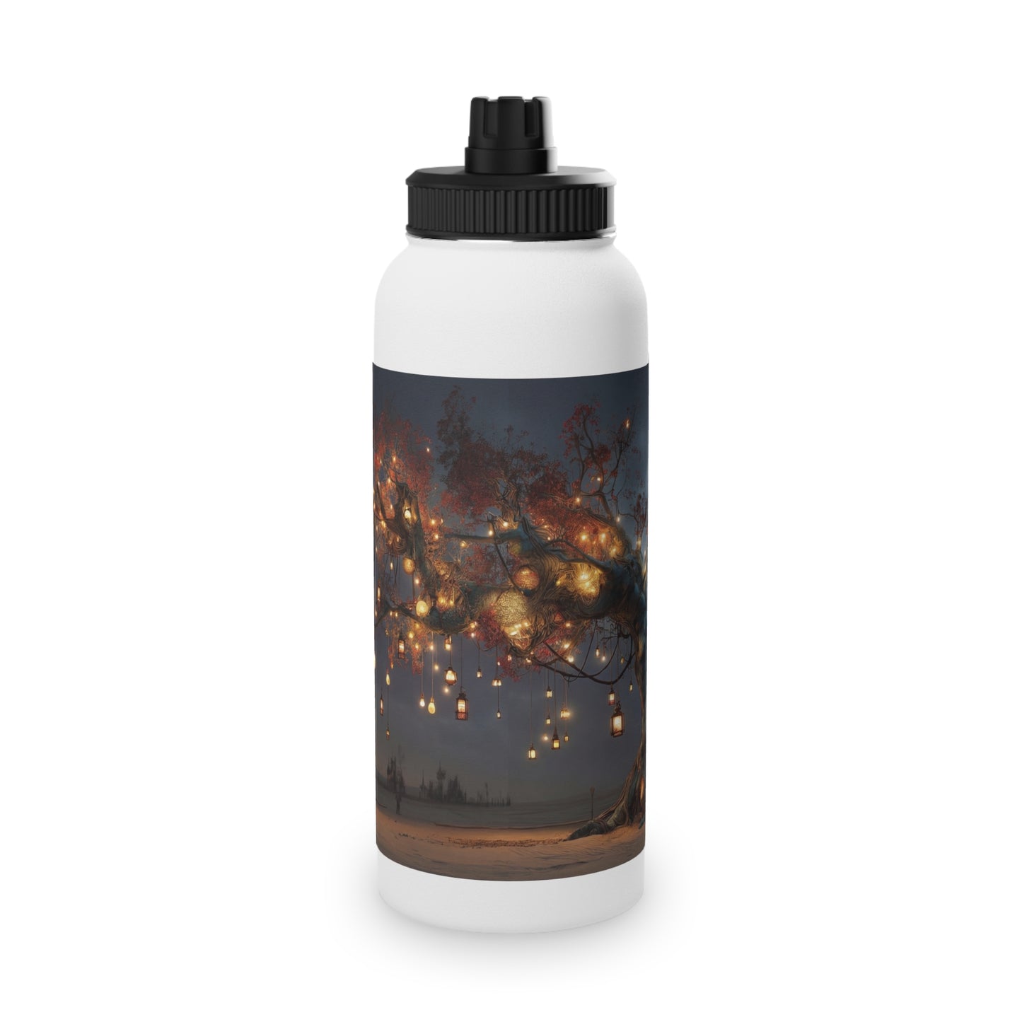 Luminescent Wishing Tree Stainless Steel Water Bottle, Sports Lid – Desert Night’s Warmth