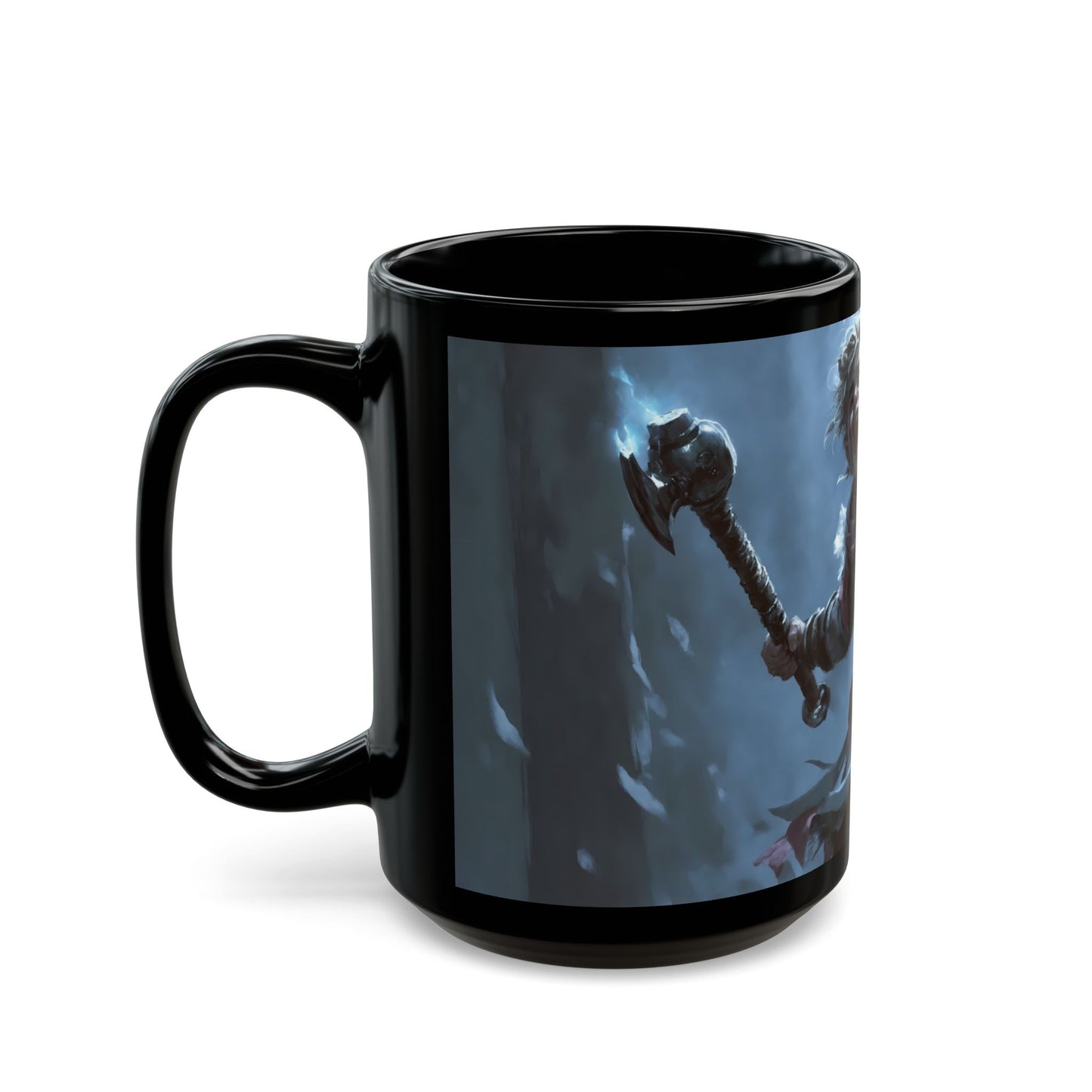 Tiny Warrior with Lightning Axe Black Mug – Cry of the Frostbound Champion