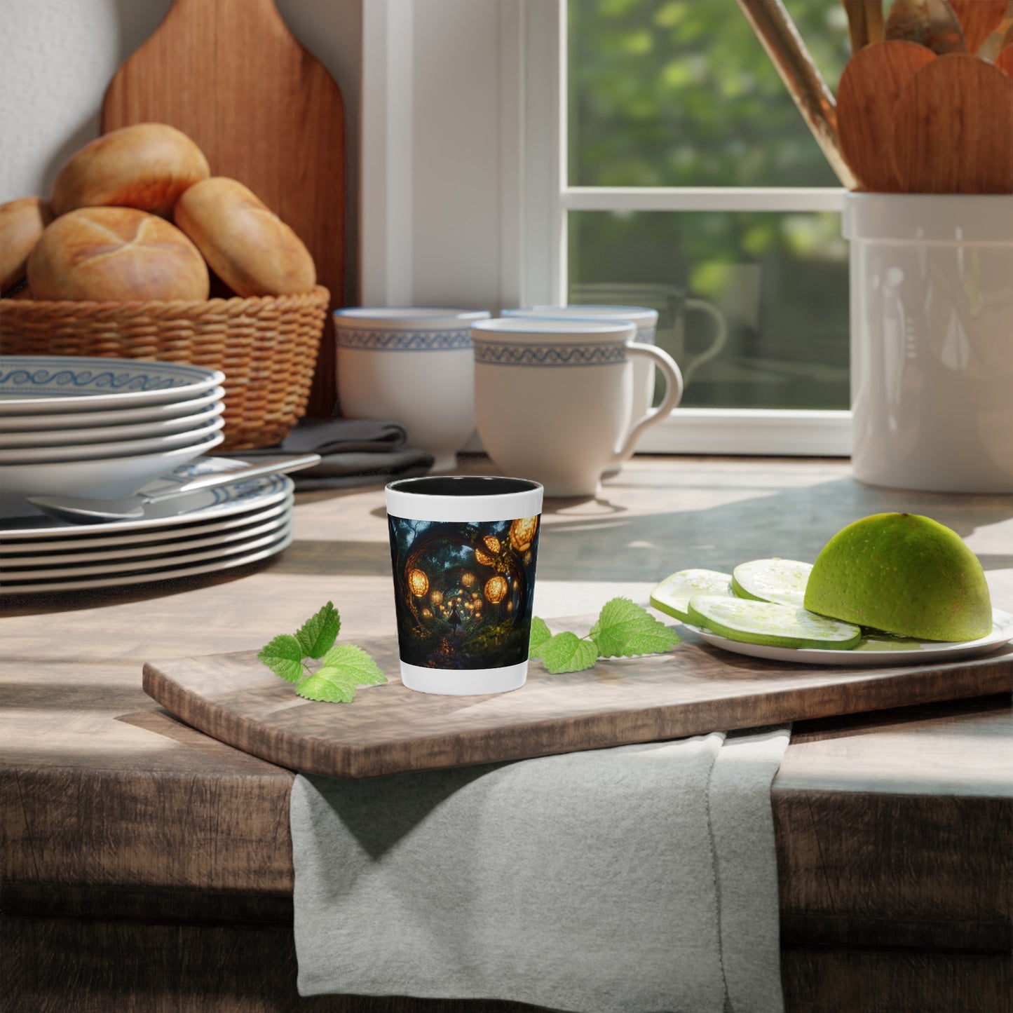 Luminous Forest Path Shot Glass – Warm Lanterns Through Ancient Trees