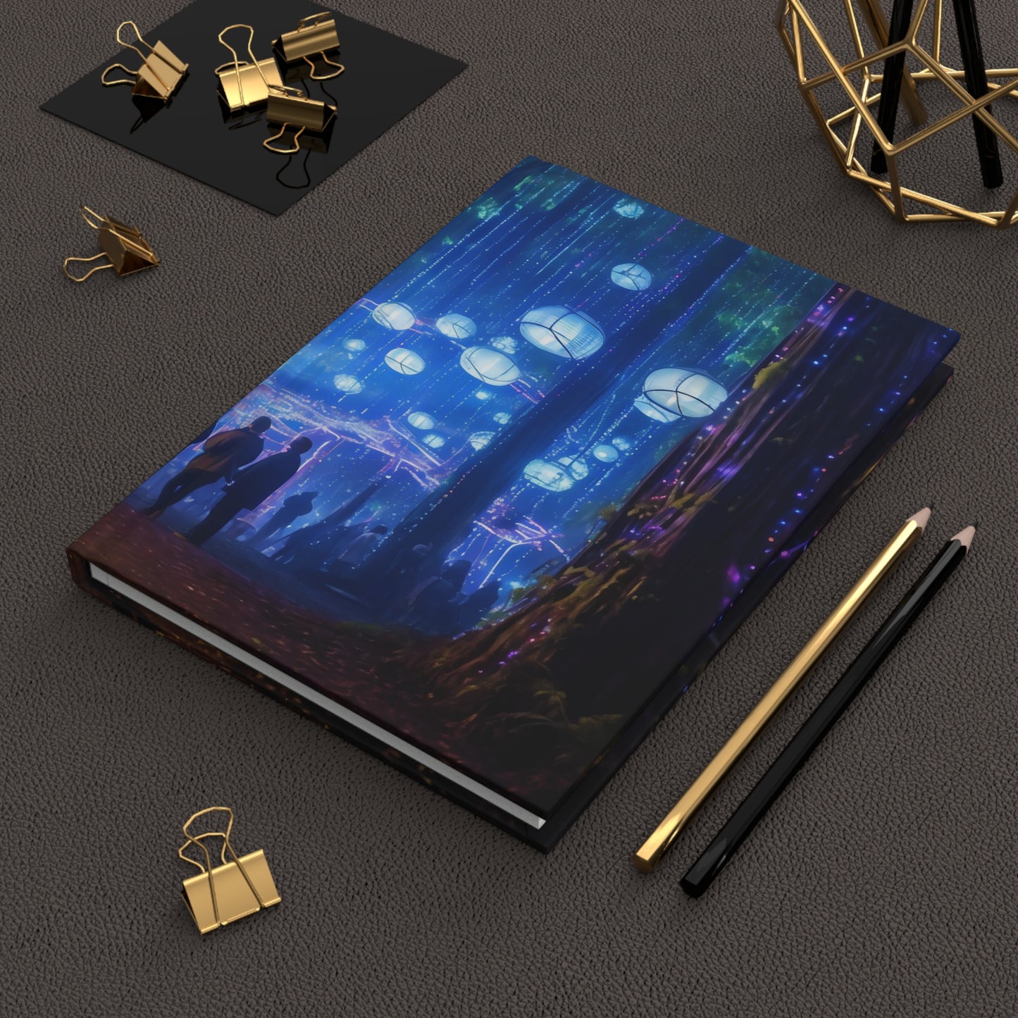 A cyberpunk vision of the Oregon Country Fair, where neon lights illuminate the path, holographic performers entertain the crowd, and the merry blend of tradition and technology creates an enthralling spectacle - Hardcover Journal Matte