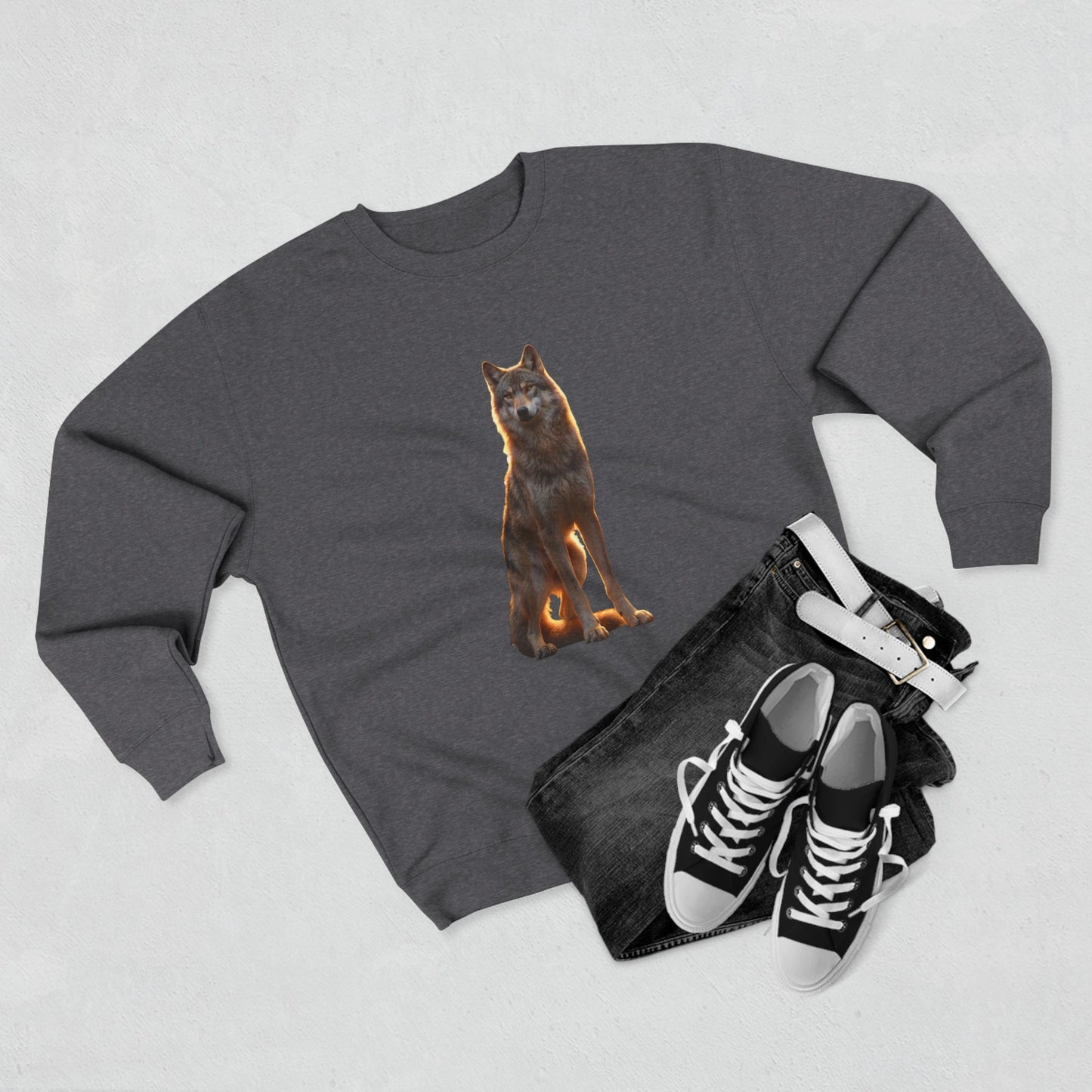 Sunset Sentinel Wolf Sweatshirt – Amber-Lit Canine Guardian Crewneck