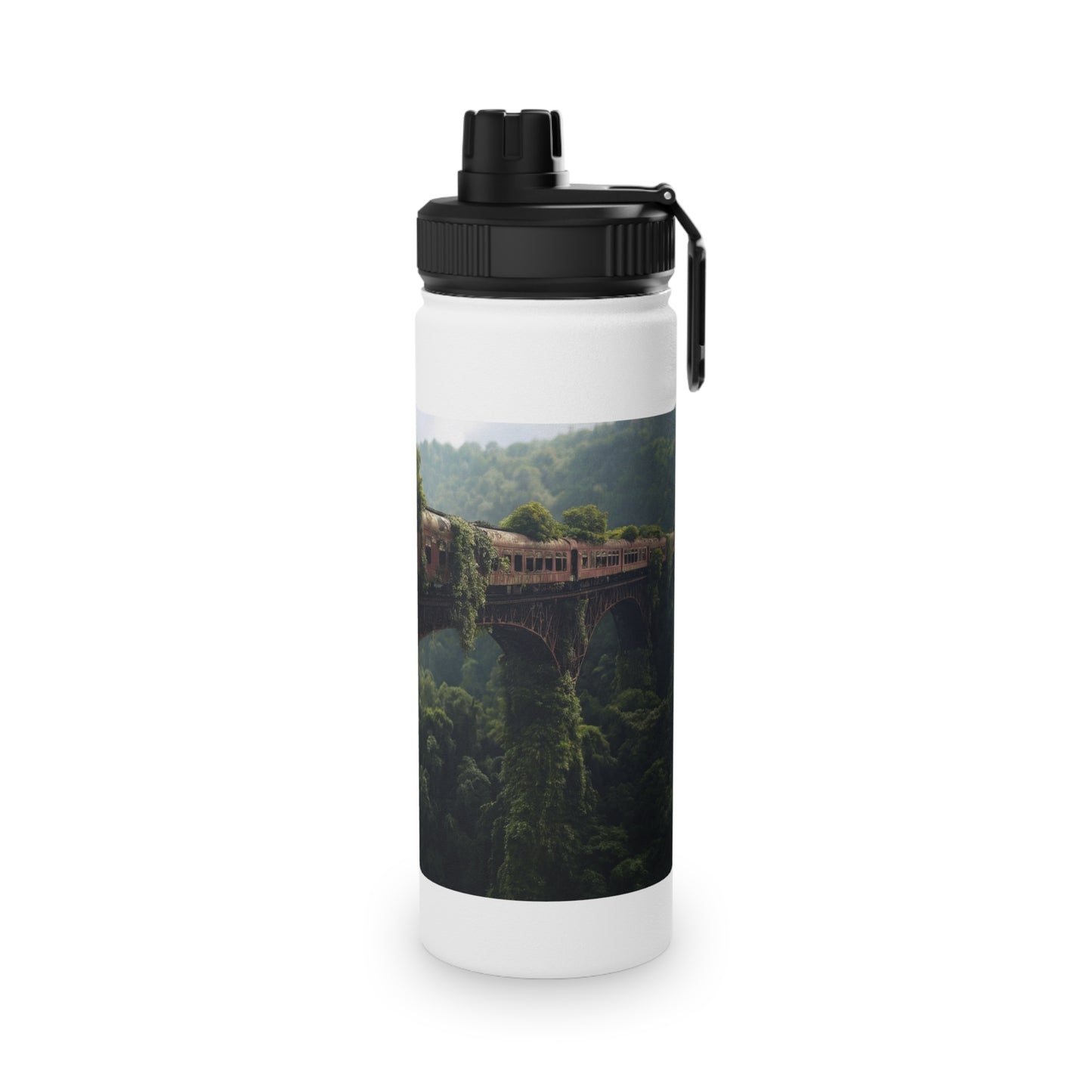 Abandoned Train Through Verdant Canopy Stainless Steel Water Bottle, Sports Lid – Timeless Forest Journey
