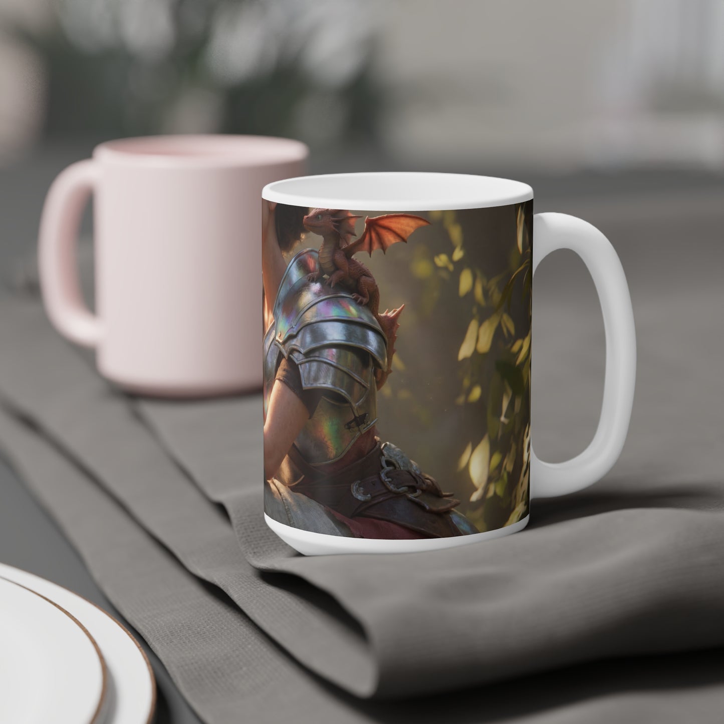 Elf Sentinel Ceramic Mugs (11oz\15oz\20oz) – Sunlit Grove with Tiny Dragon Companion