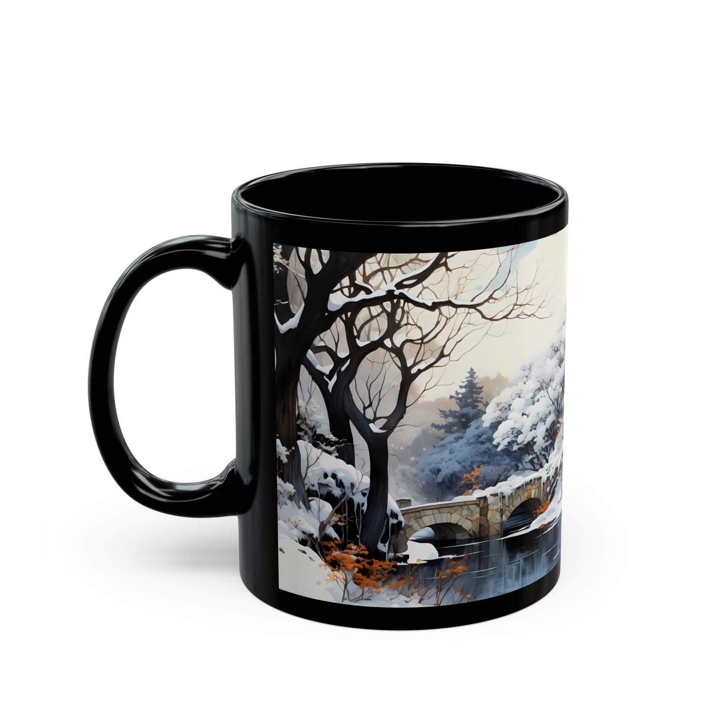 Winter Castle by the Frozen Stream Black Mug – Snow-Capped Dreamscape