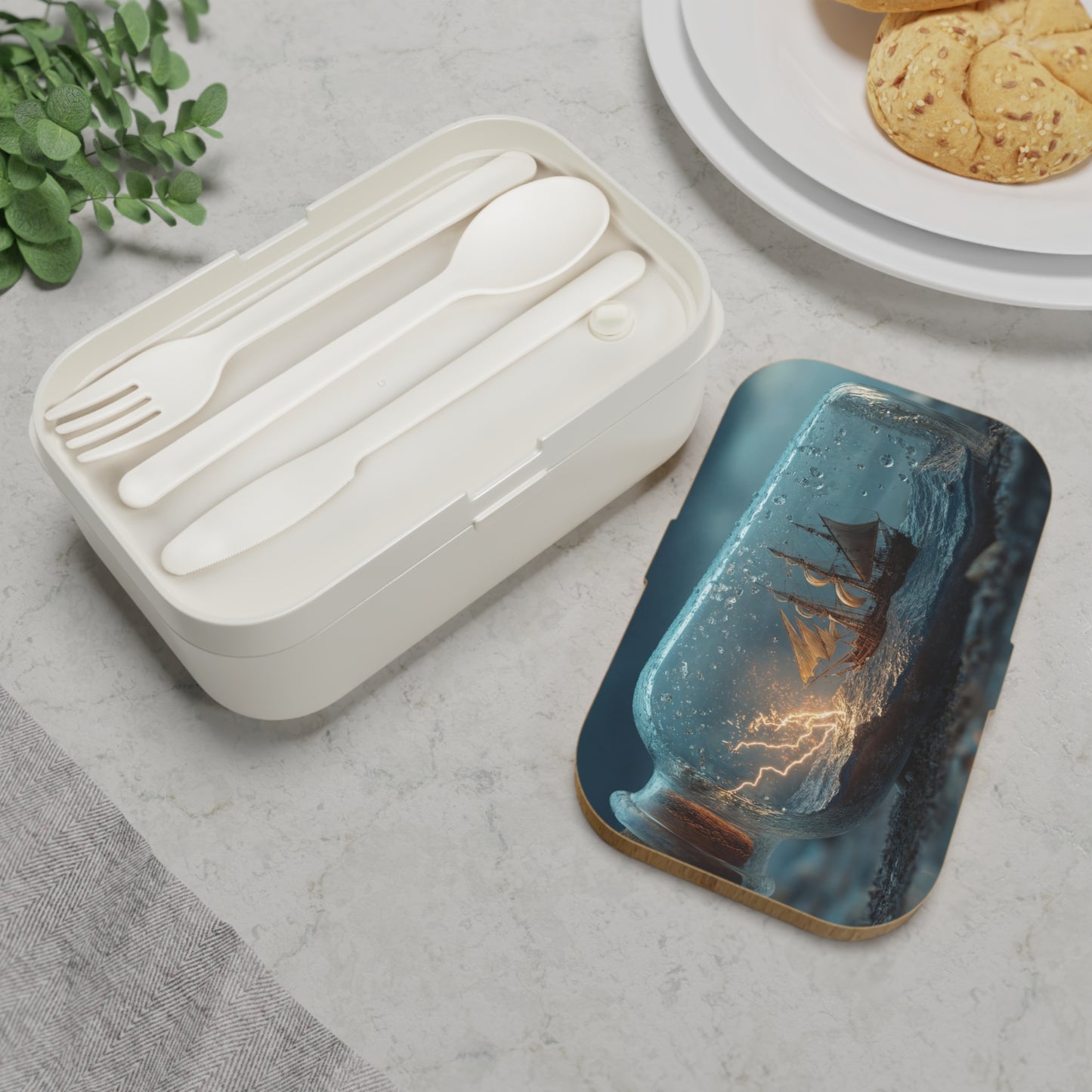 Storm-Sailed Ship in Bottle Bento Lunch Box – Pocketed Seascape Adventure