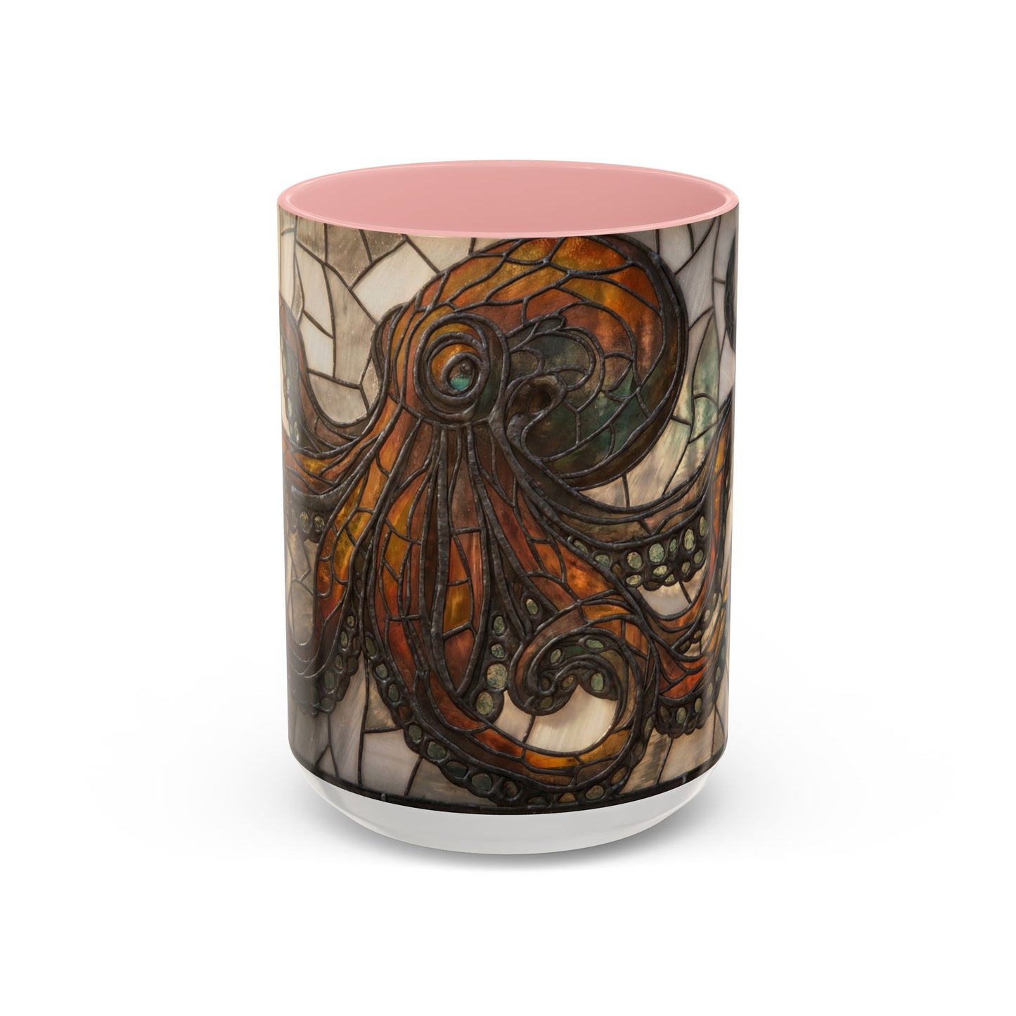 Stained Glass Octopus Accent Coffee Mug – Amber Tentacle Mosaic Art