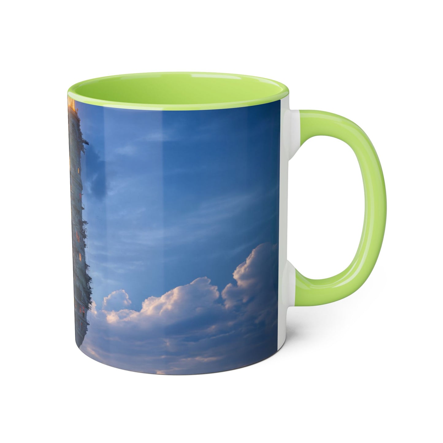Towering Lighthouse Accent Mugs, 11oz – Floating Beacon Over Twilight Sea