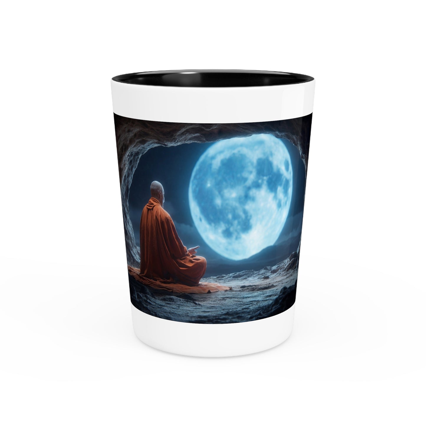 Moonlit Monk Shot Glass – Serene Cave Meditation Scene