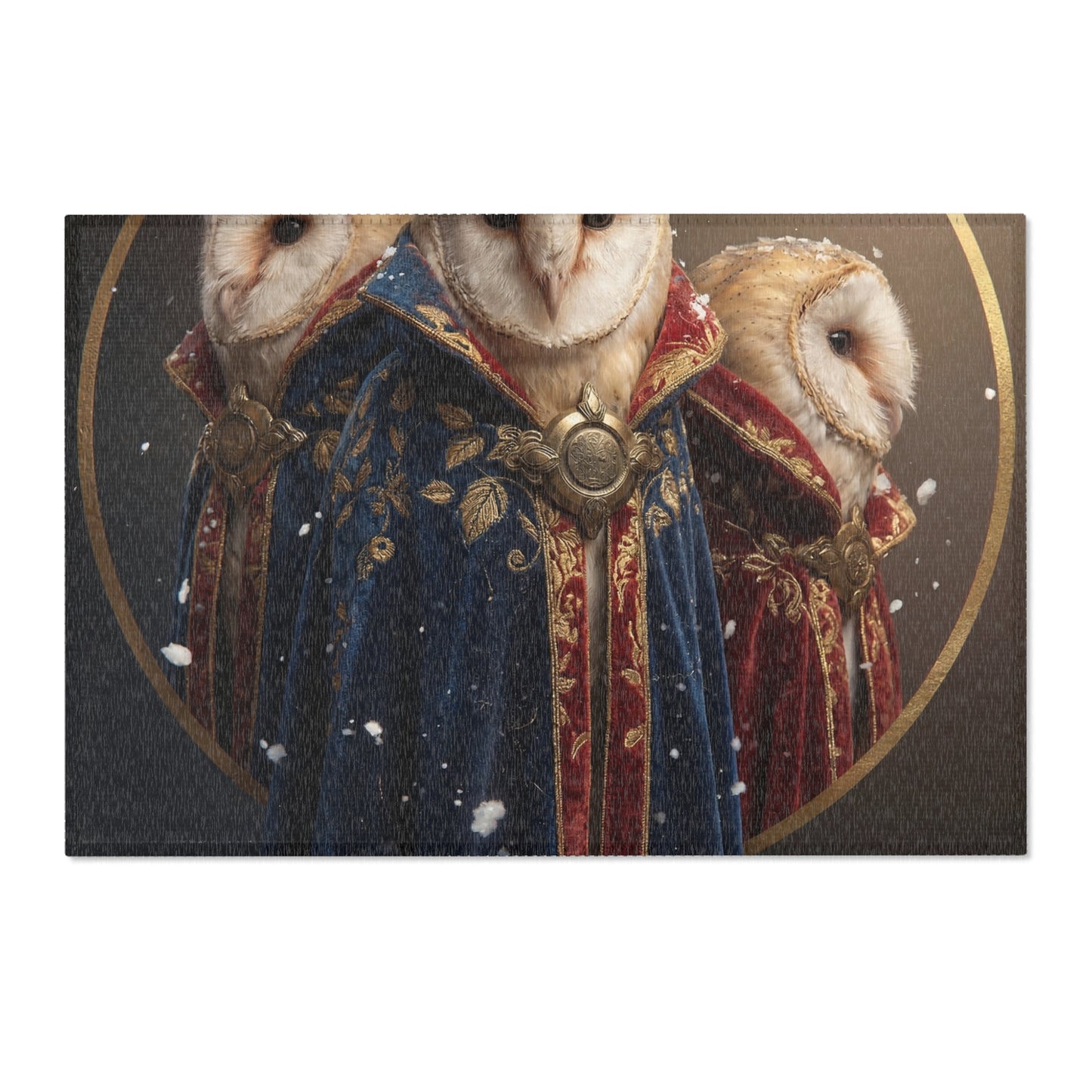 Three Owls in Velvet Robes Area Rug – Snow-Kissed Regal Guardianship