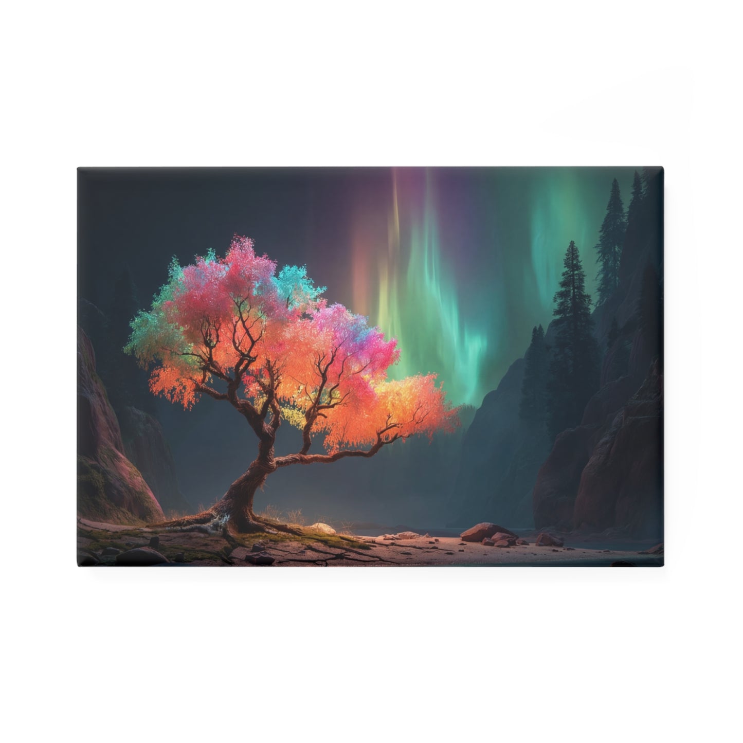 Aurora Tree Button Magnet, Rectangle (1 & 10 pcs) – Chromatic Canopy Under Celestial Light