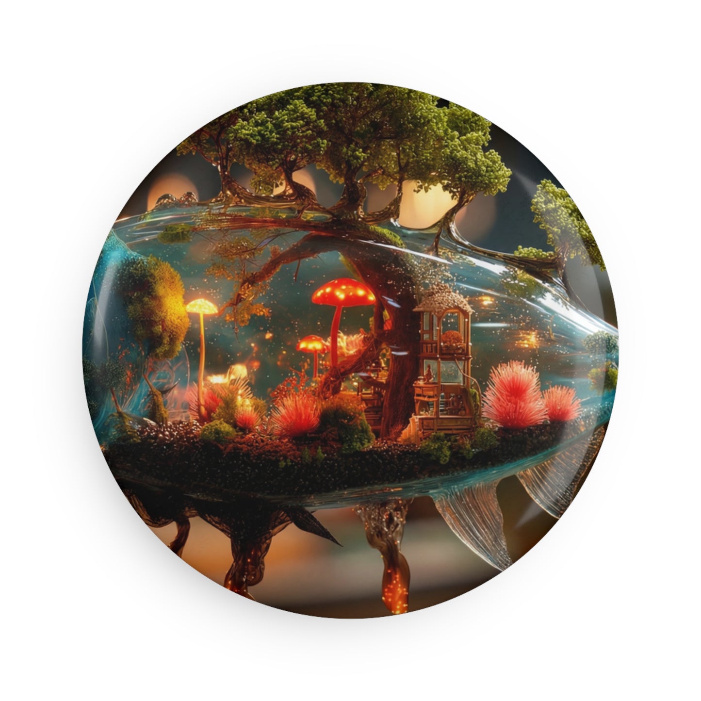 Forest Within Fish Button Magnet, Round (1 & 10 pcs) – Bioluminescent Sanctuary Dreamscape