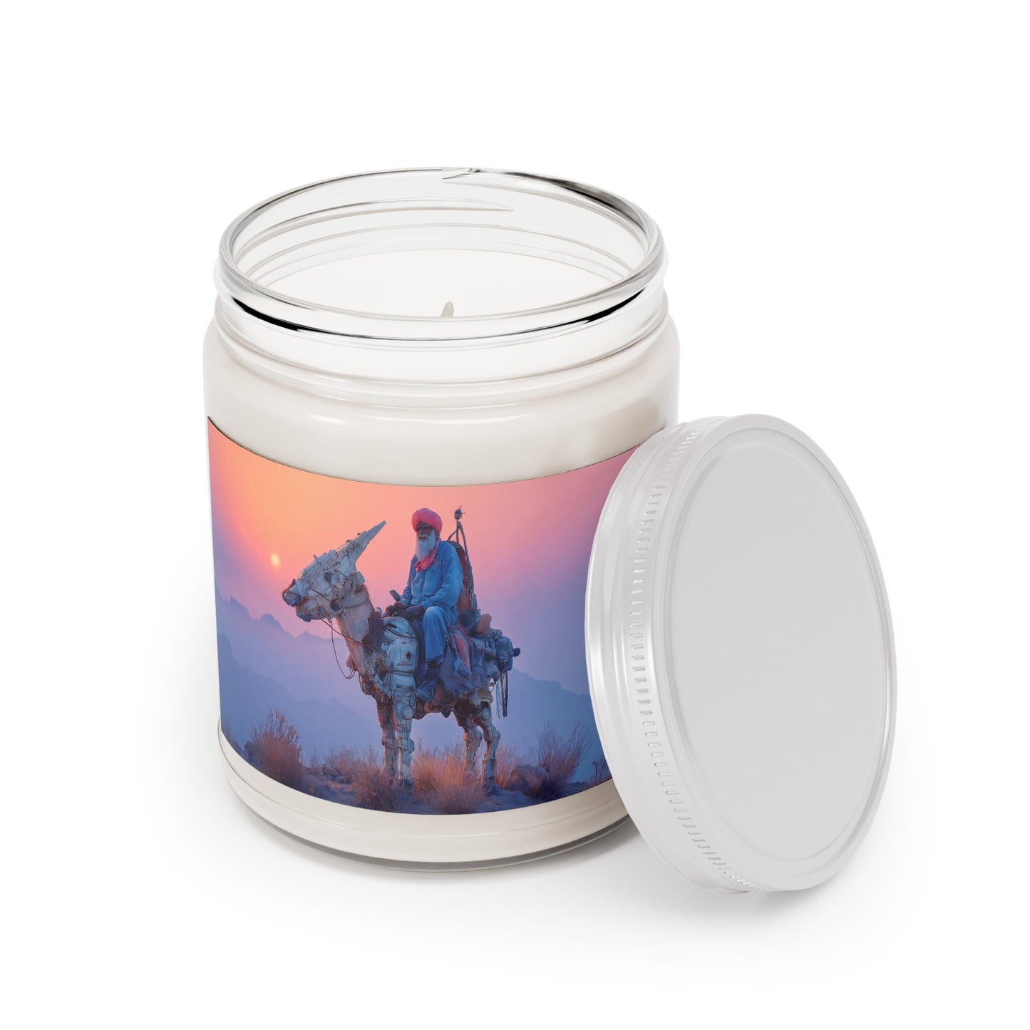 Cyber Donkey Rider Scented Soy Candles with White Lid, 9oz – Sunset Sentinel of the Dusty Peaks