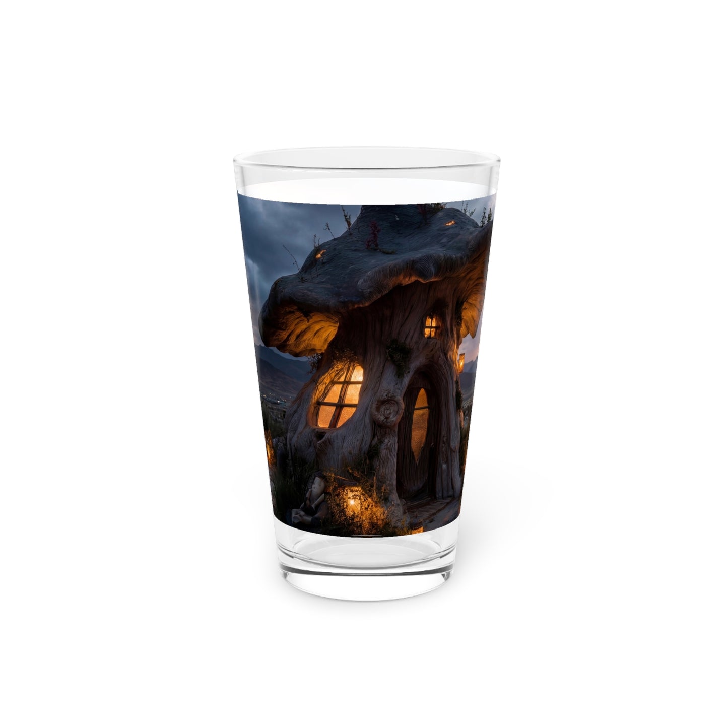 Mushroom Cottage Sunset Pint Glass – Warm Glow Over Whispering Peaks