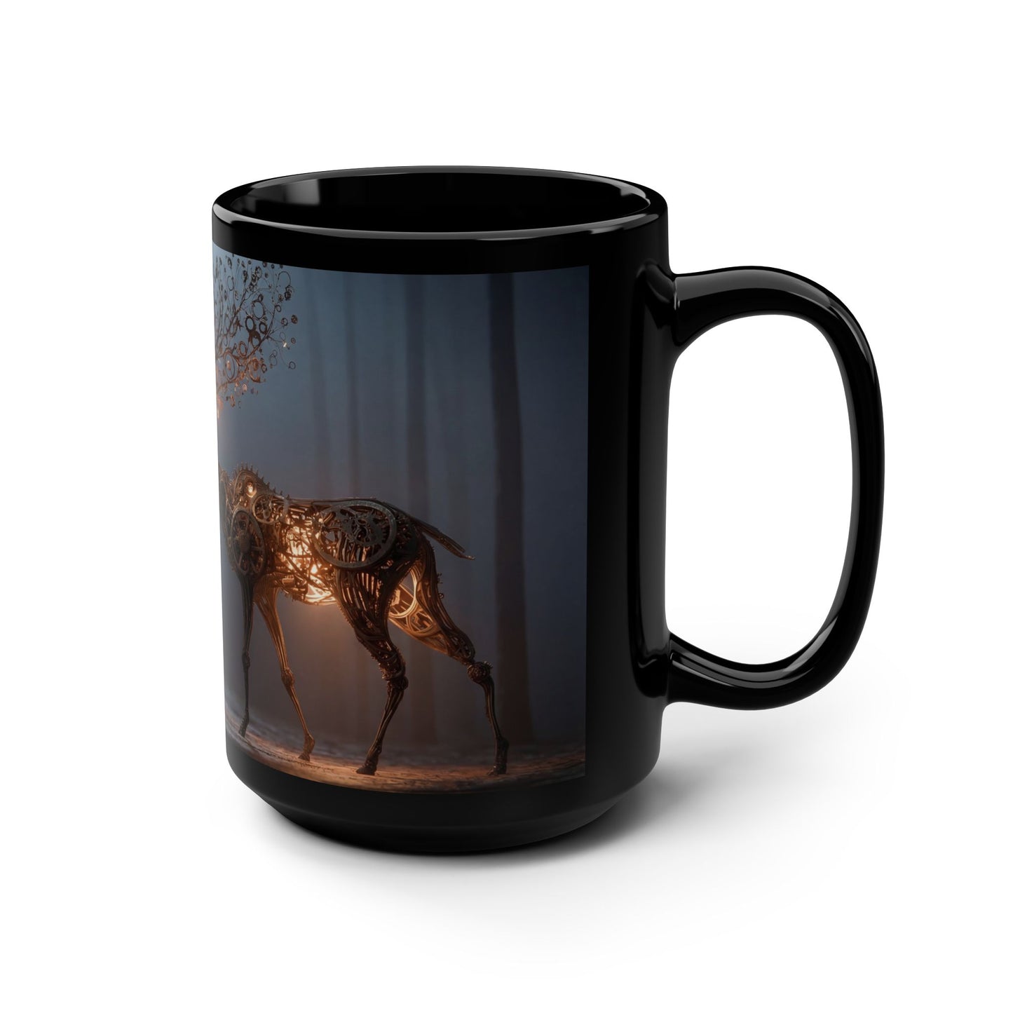Gears of Nature Black Mug, 15oz – Clockwork Stag Forest Guardian