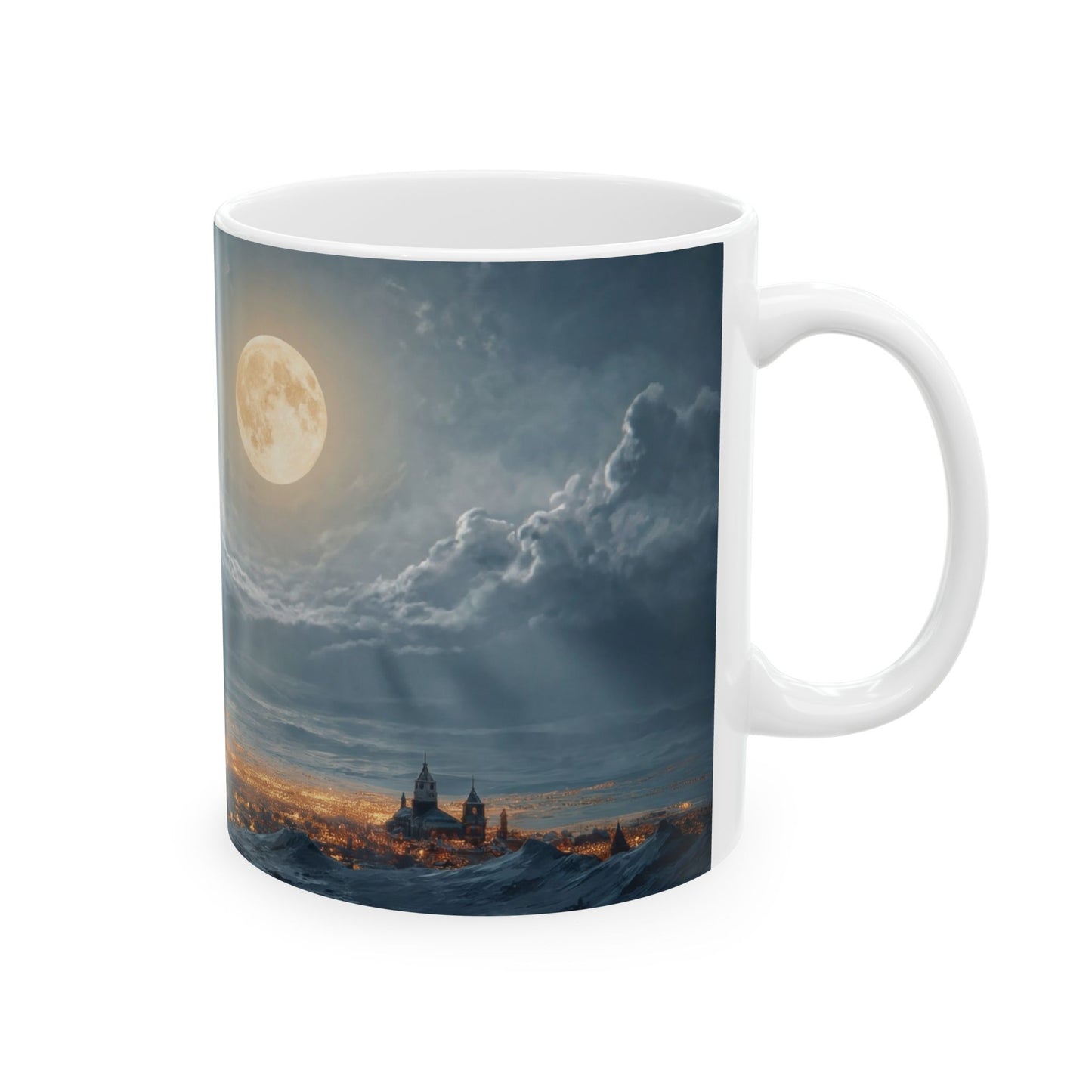 Lunar Night Flight Ceramic Mug – Frostbound City Under a Full Moon