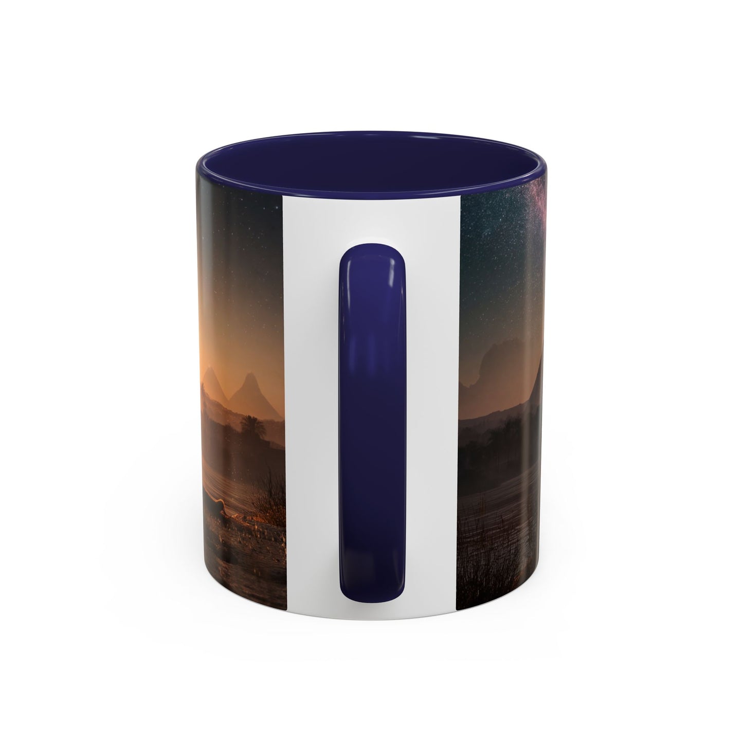 Starry Nile Guardian Cats Accent Coffee Mug (11, 15oz) – Ancient Pyramids Milky Way