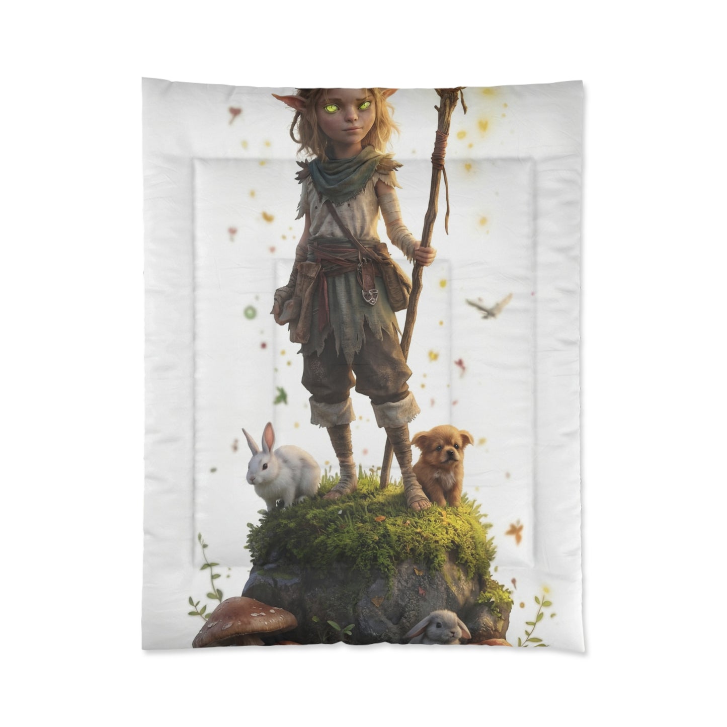 Forest Sentinel Comforter – Luminescent Deer-Horned Child Amid Mossy Rock
