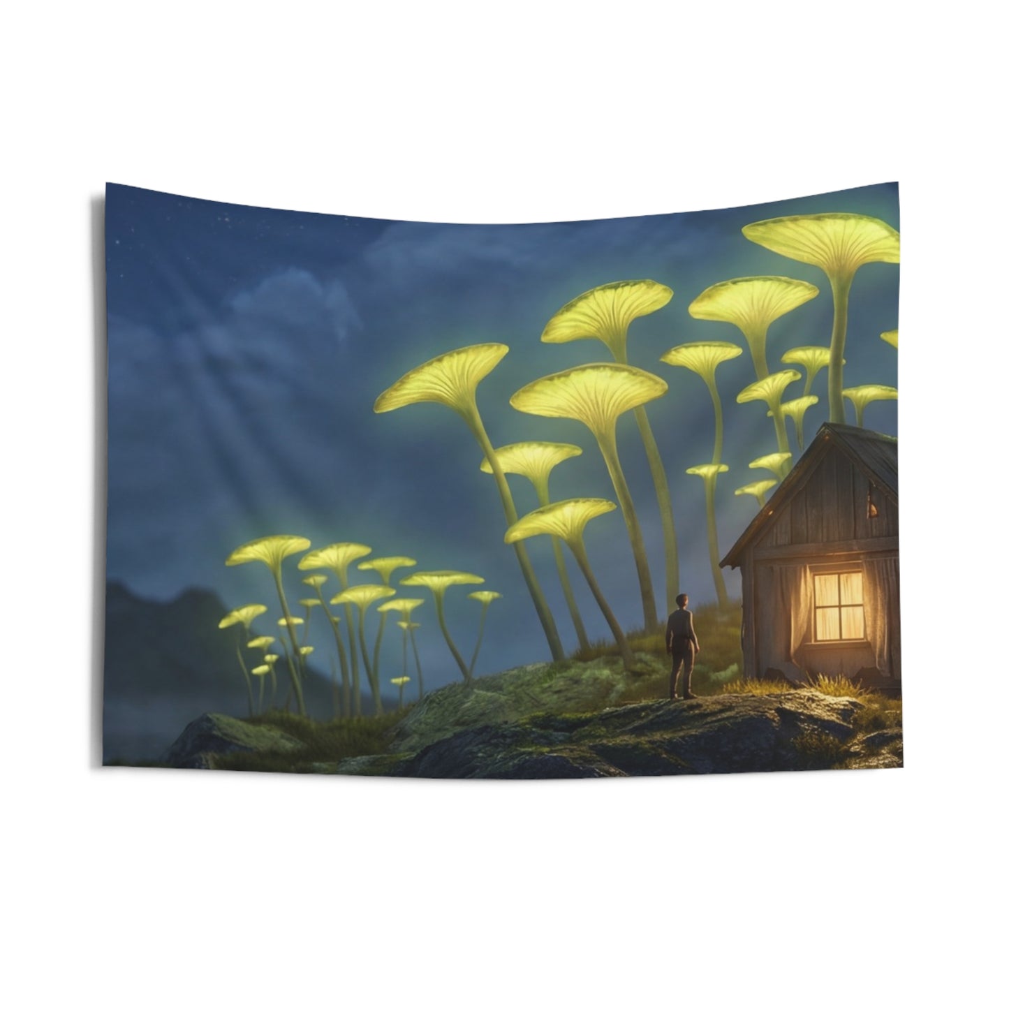 Luminescent Mushroom Cabin Wall Tapestry – Night’s Quiet Glow