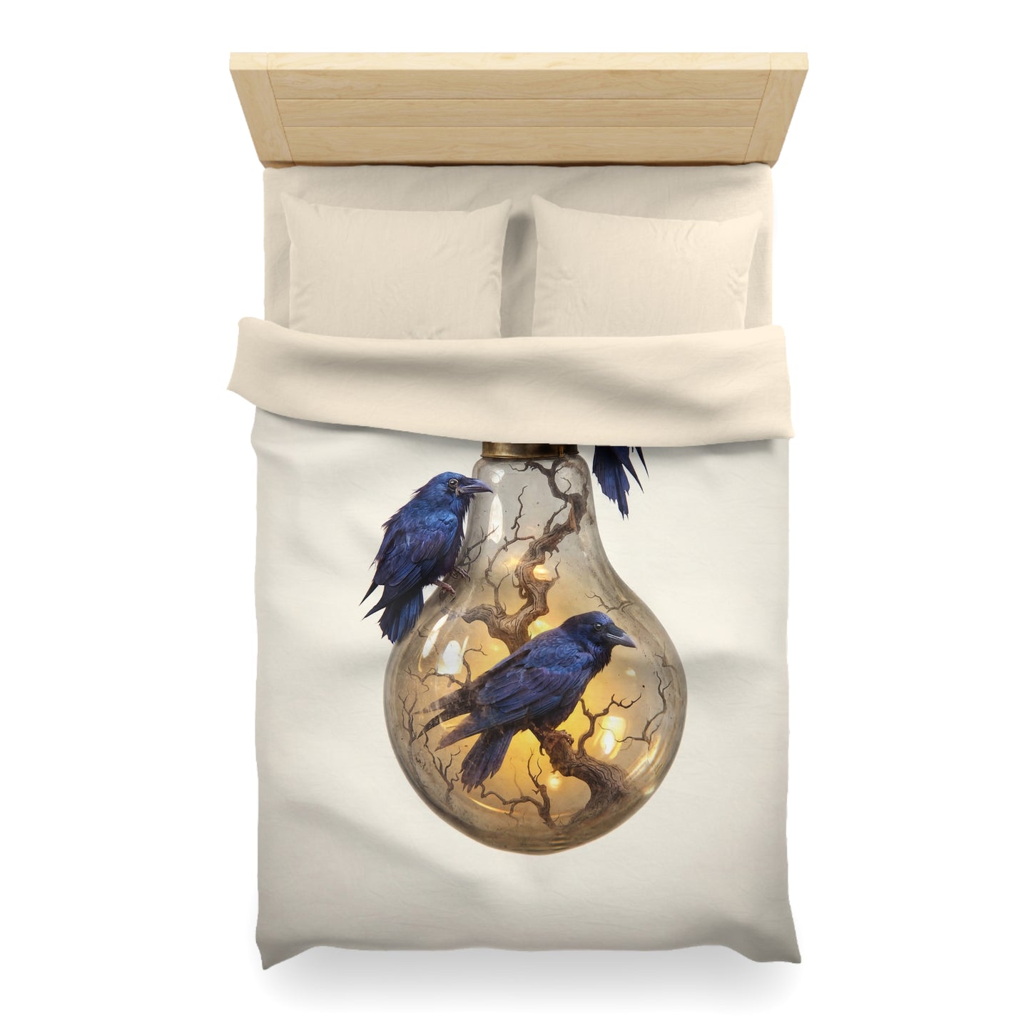 Ravens in the Lightbulb Microfiber Duvet Cover – Whispers of Illuminated Wisdom