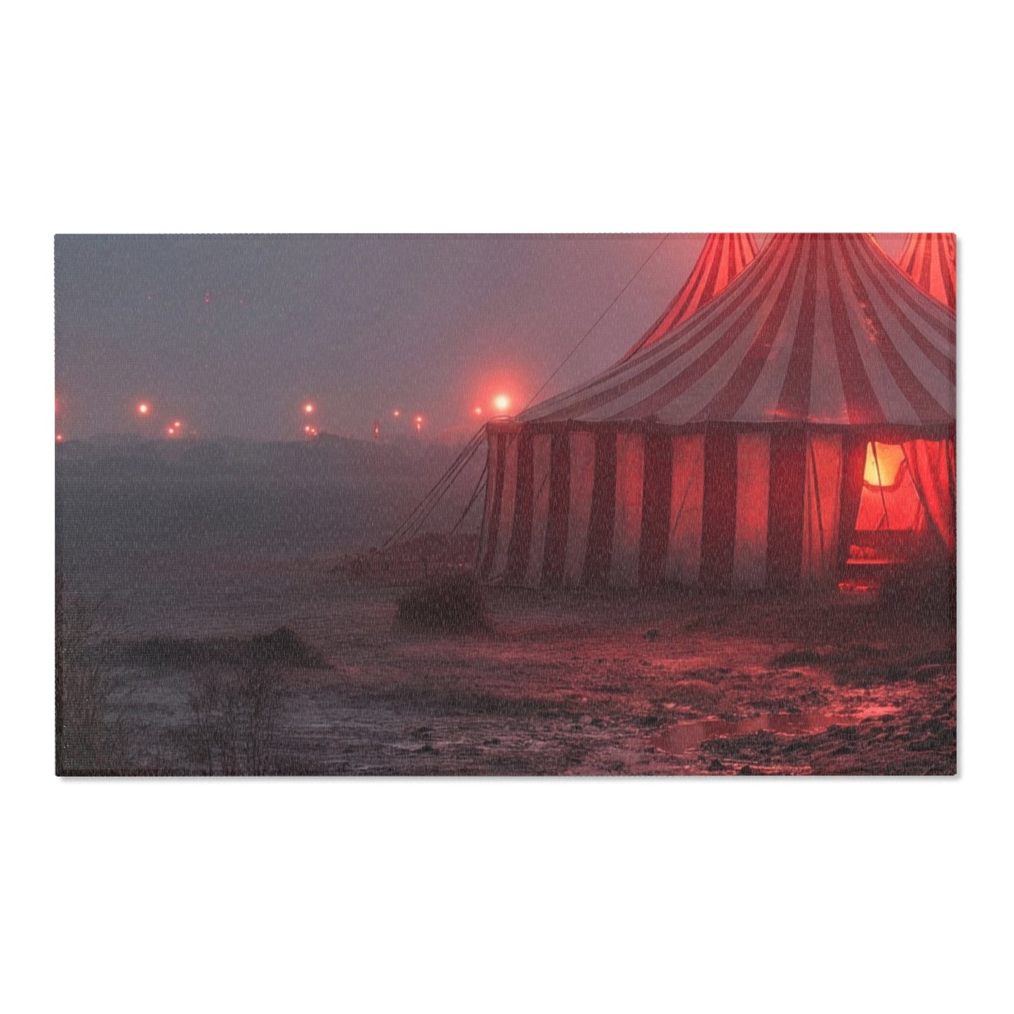 Crimson Circus Tent Area Rug – Fogbound Wonder on the Shore
