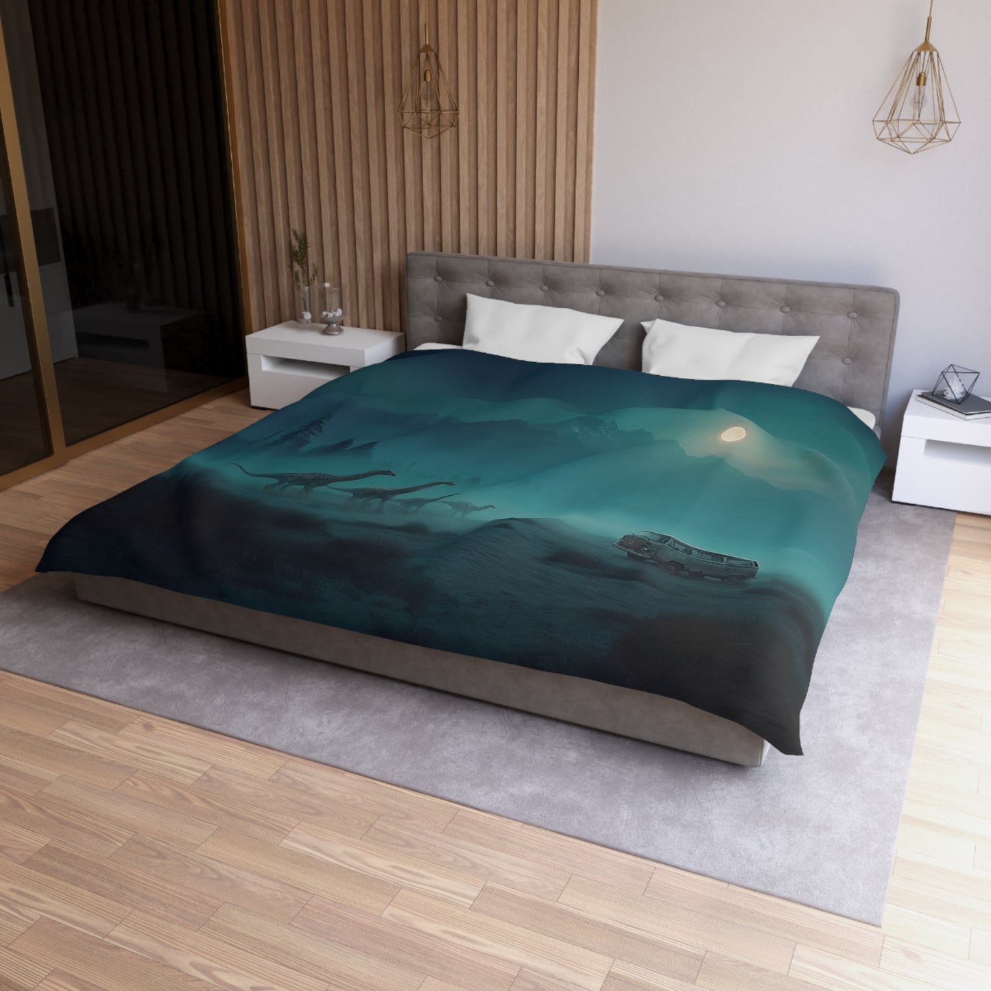 Moonlit Dinosaur Herd Microfiber Duvet Cover – Whispers of the Misty Peaks