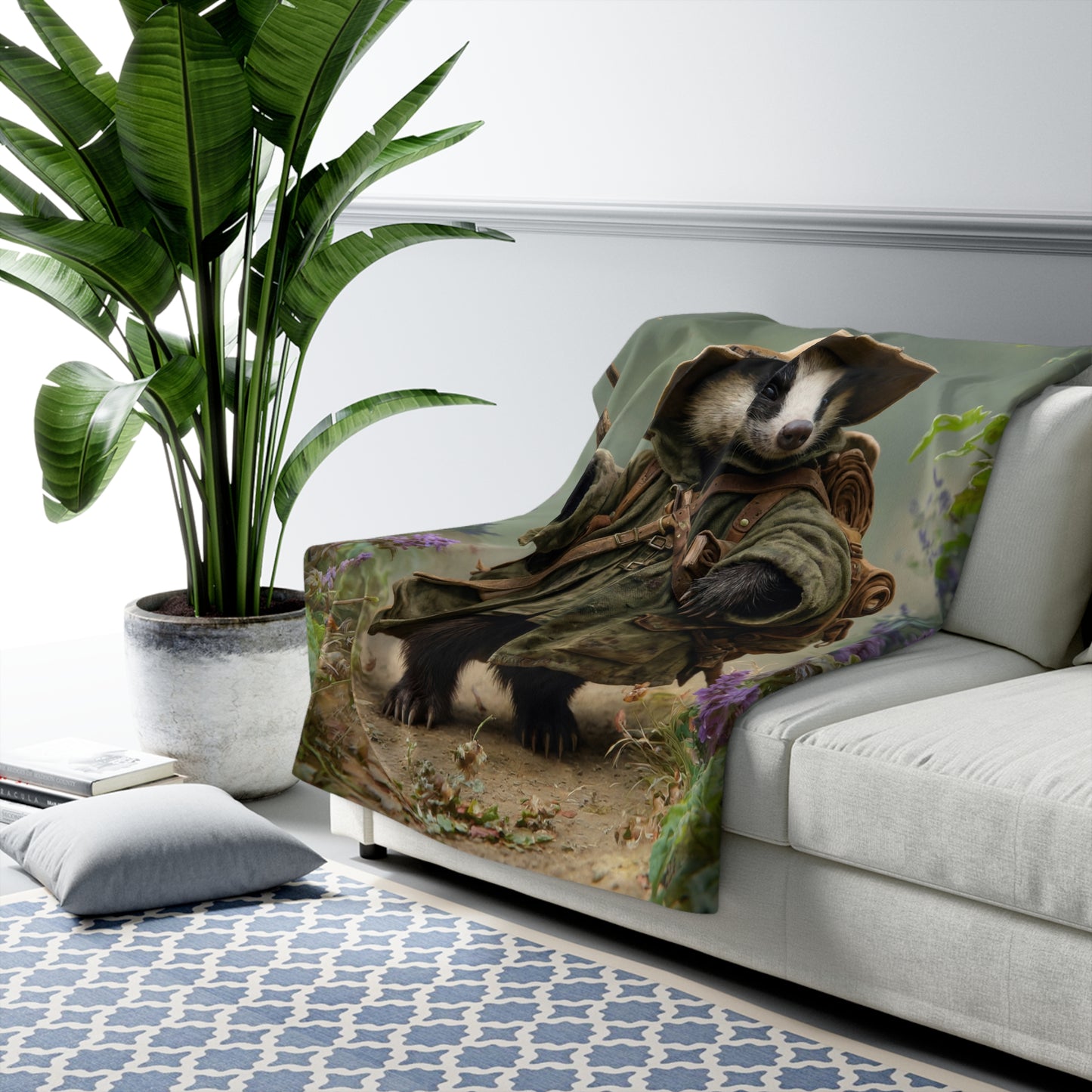 Adventurous Badger Explorer Sherpa Fleece Blanket – Mossy Trail Guardian
