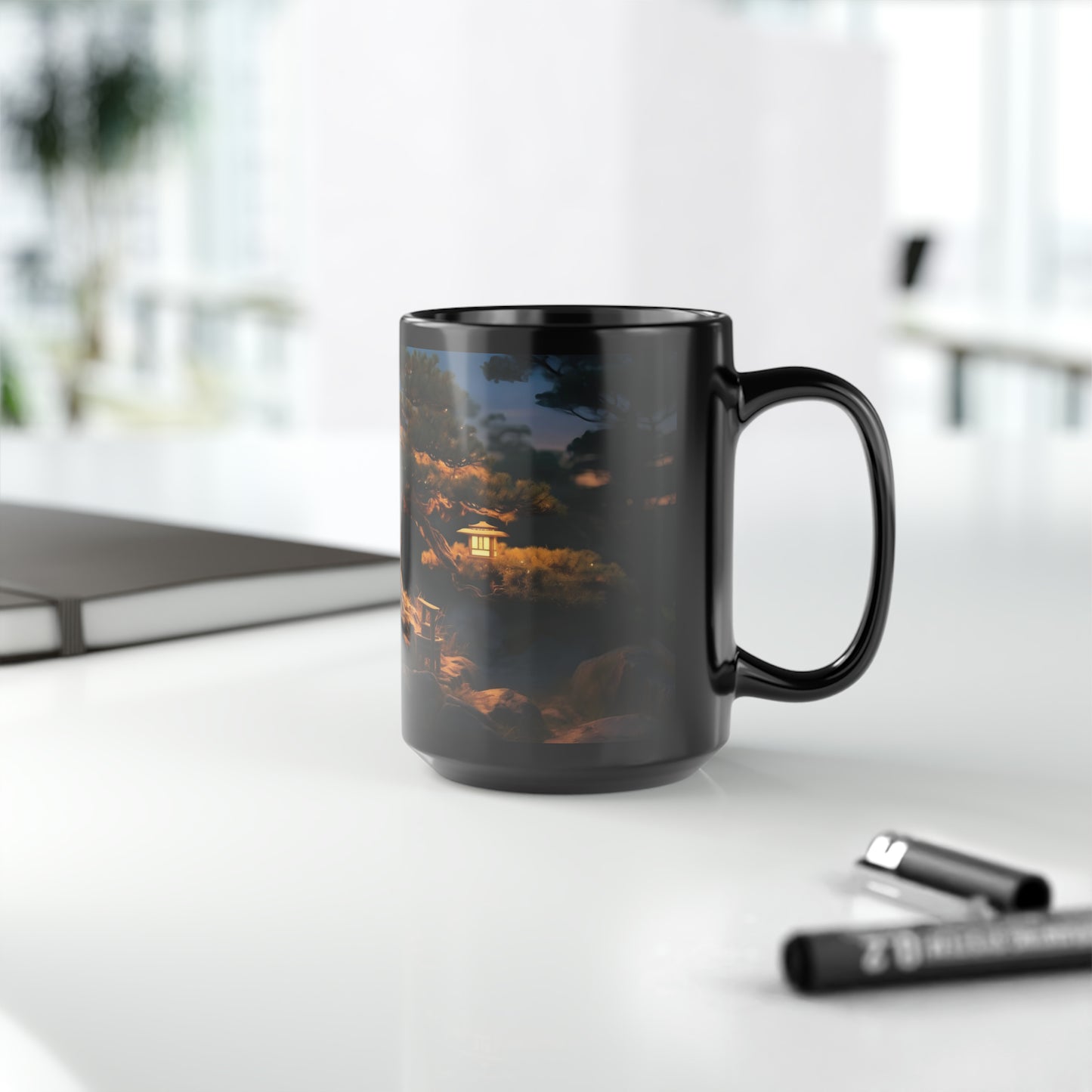 "An ancient bonsai pine tree adorned with paper lanterns, captured in the dim light of dusk, ultra-realistic, nature photography, Canon EOS R5." - Mug, Black