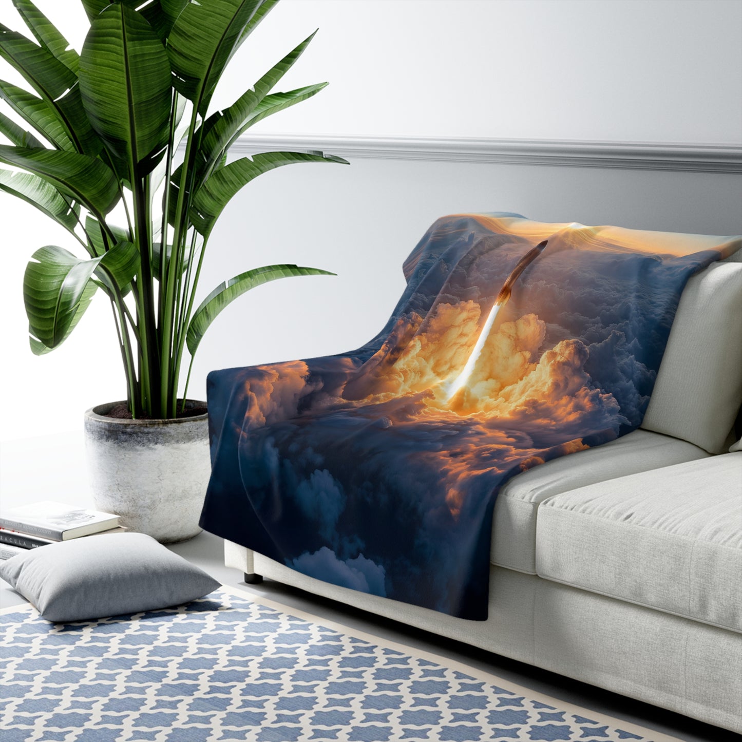 Rocket Sunrise Sherpa Fleece Blanket – Igniting the Sky Above Clouds