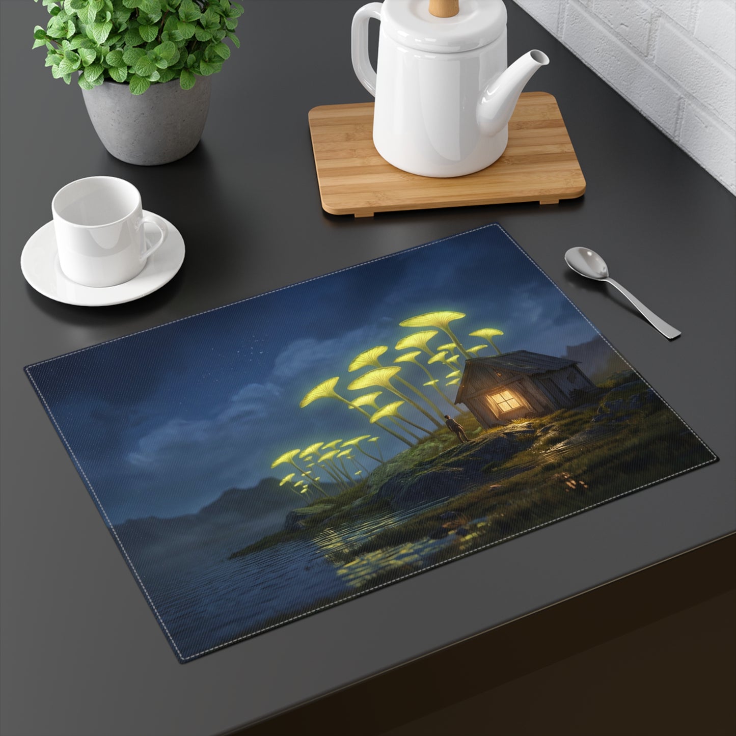 Luminous Mushroom Grove Placemat – Night’s Quiet Sentinel