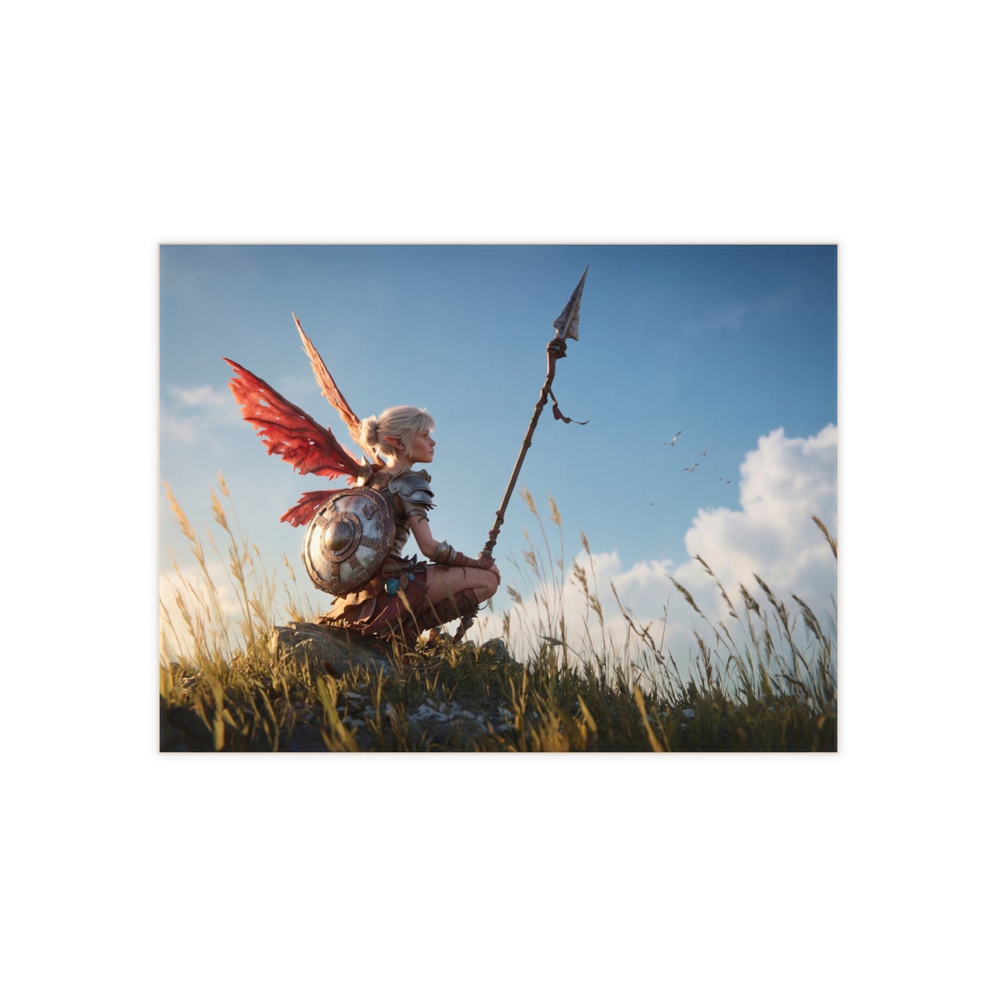Warrior Angel in Sunset Grass Ceramic Photo Tile – Guardian of the Whispering Hills