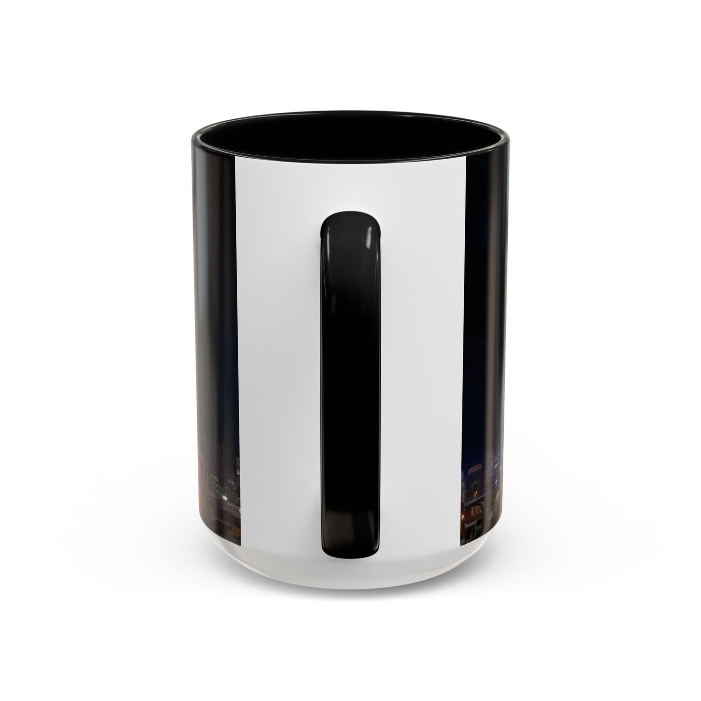 Crimson Circus Tent Accent Coffee Mug (11, 15oz) – Neon Nightscape Under Thunderclouds