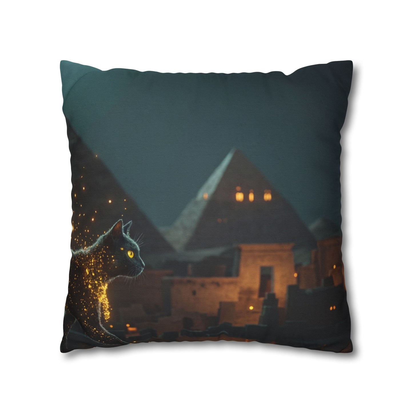 Starlit Cat by Pyramids Spun Polyester Square Pillowcase – Ancient Nightwalk Dreamscape