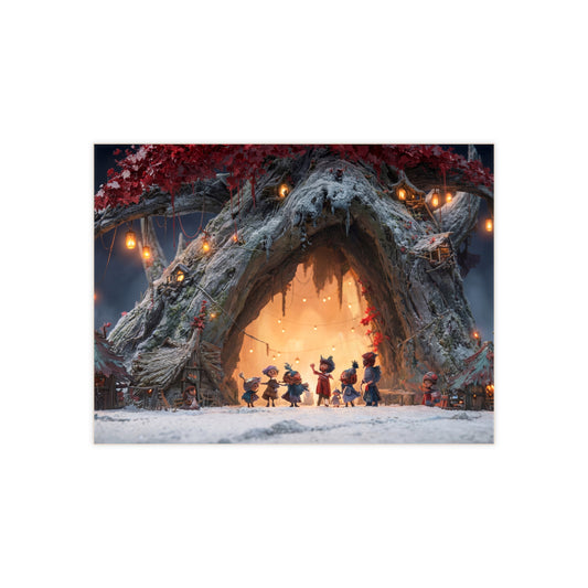 Winter Treehouse Village Ceramic Photo Tile – Snow-Dusted Folk Gathering