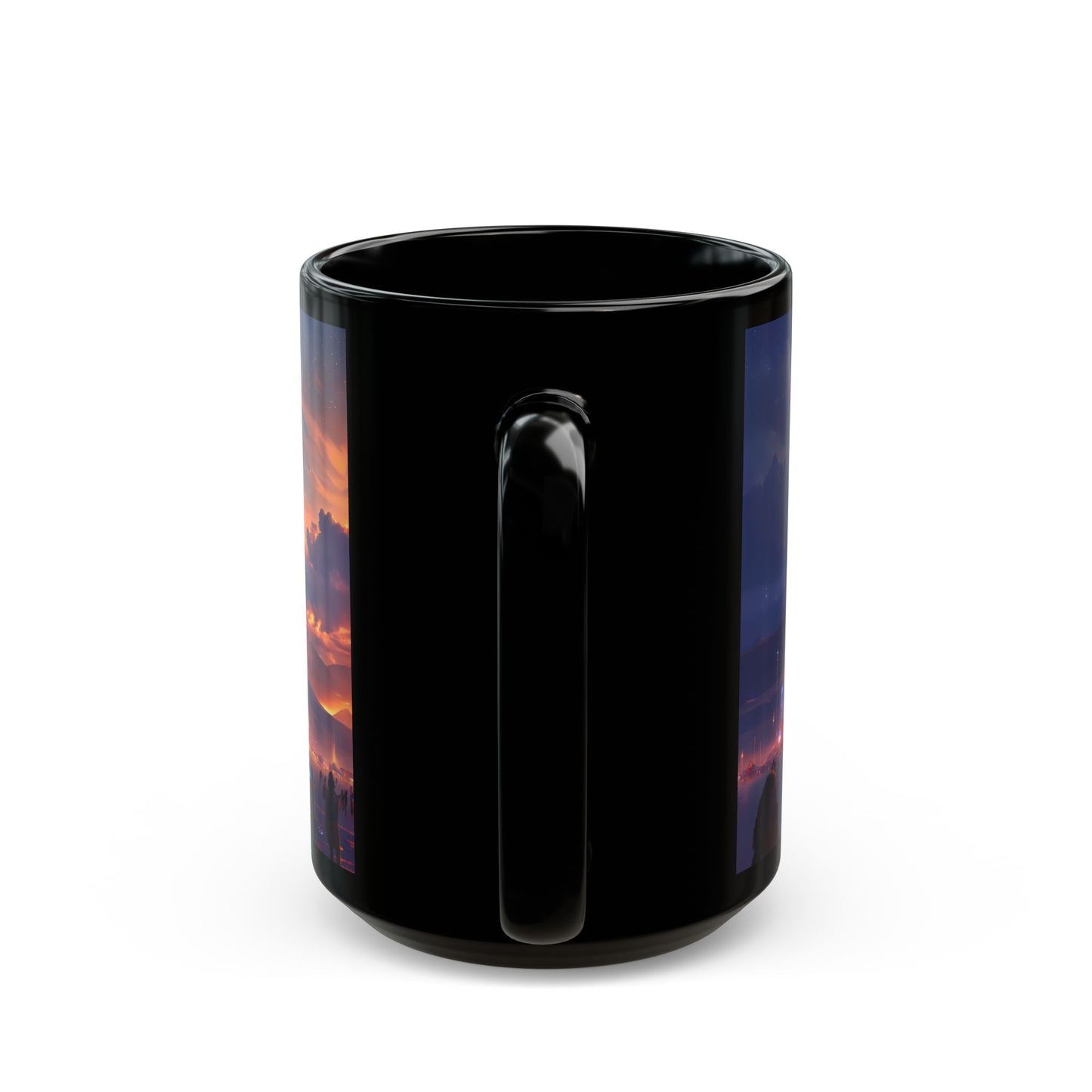 Cosmic Spire Black Mug – Neon Desert Temple Dreamscape